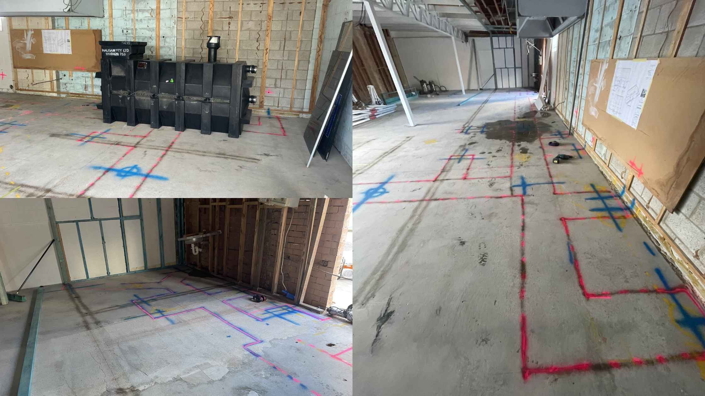 Colour-coded markings on concrete floor indicating planned plumbing and waste line layouts for a grease trap foodfit out project.
