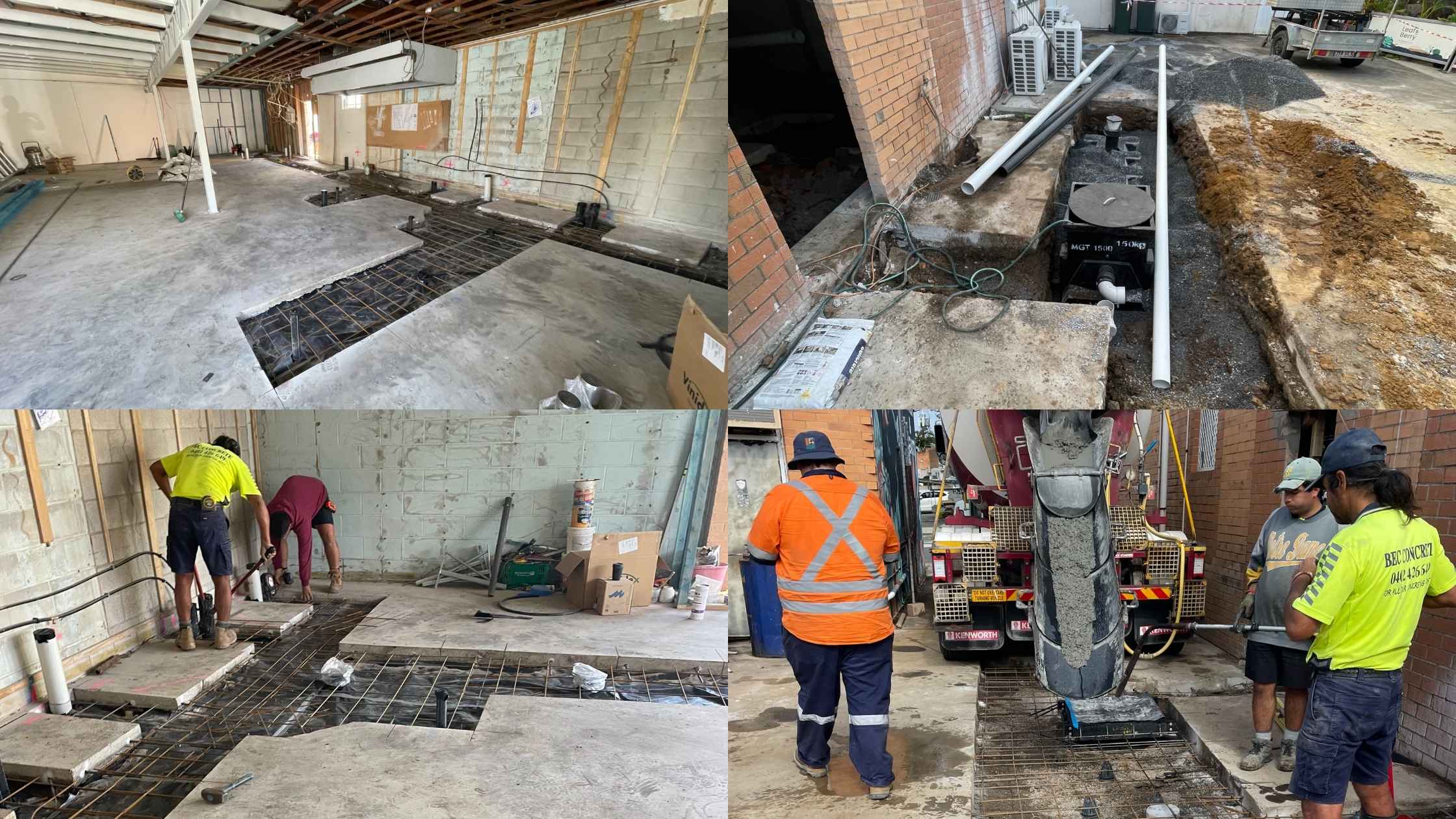 Workers pouring and finishing concrete over new pipe installations as part of the drainage system in a grease trap foodfit out project.