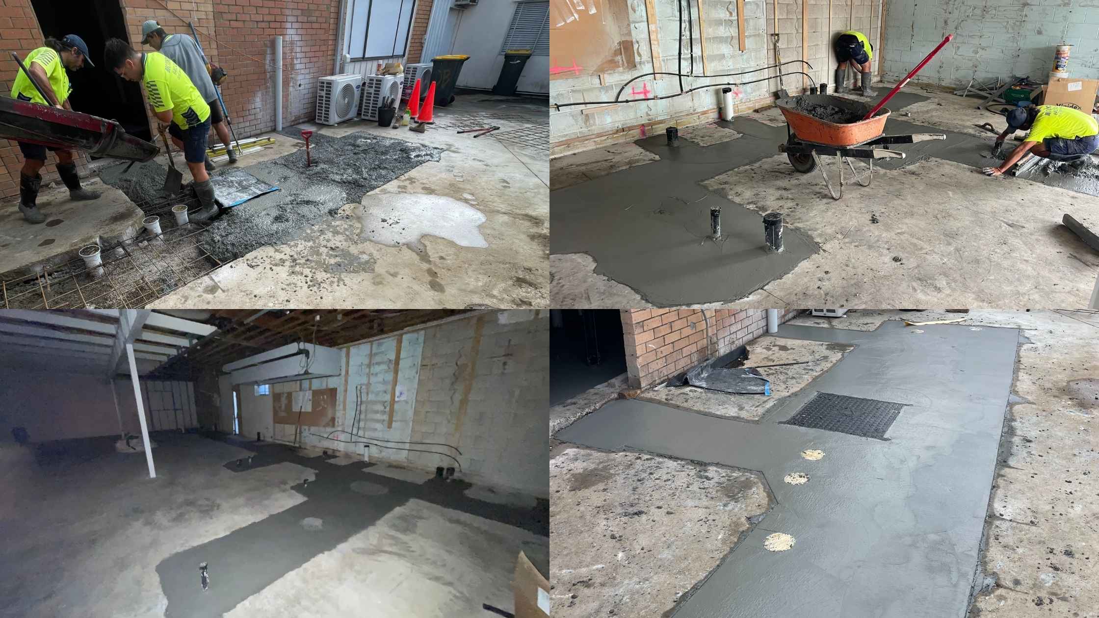 Workers pouring and finishing concrete over new pipe installations as part of the drainage system in a grease trap foodfit out project.