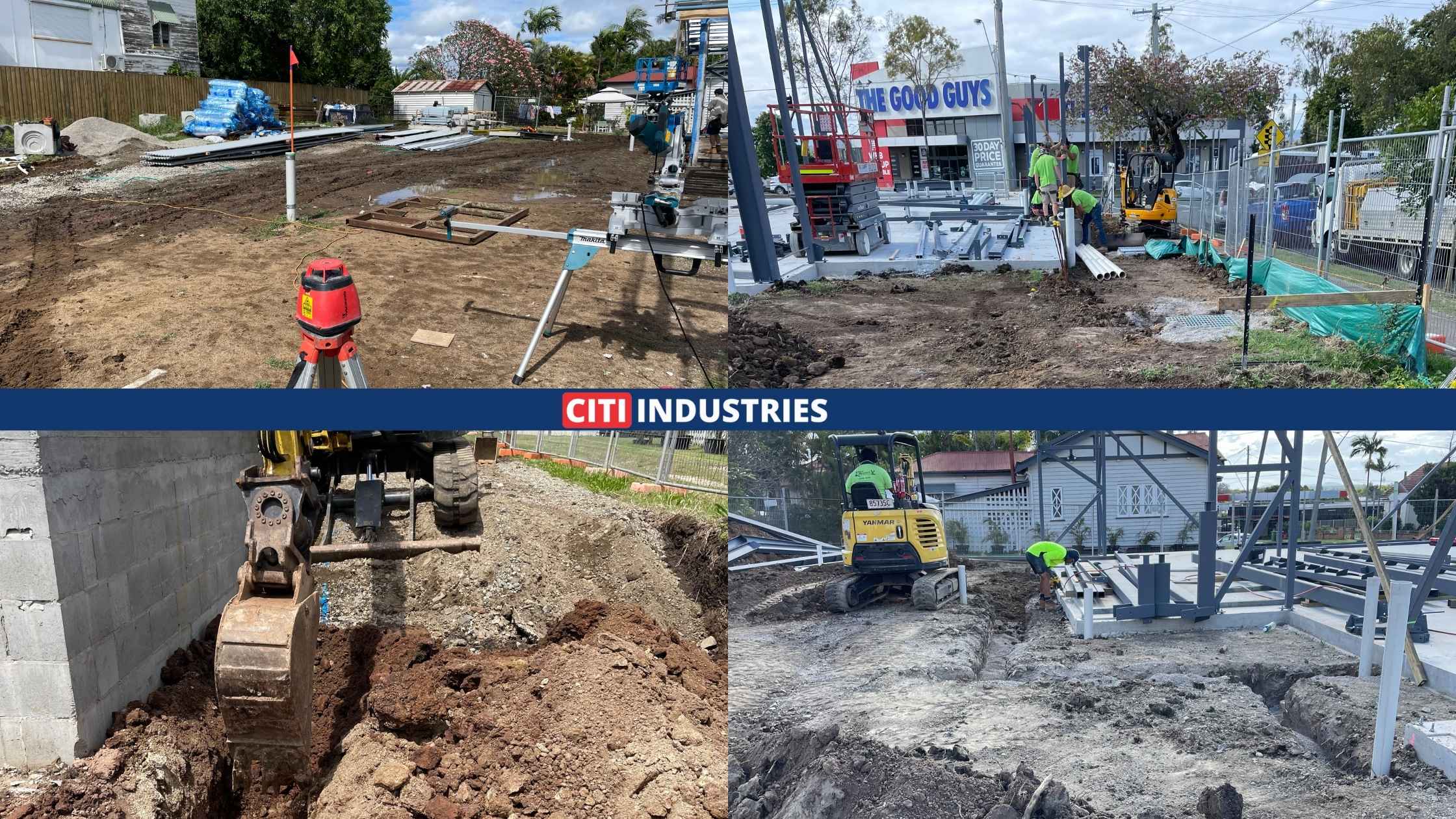 Multiple stages of a plumbing project in Booval QLD showing trenching, pipe laying, and steel frame installation by Citi Industries.