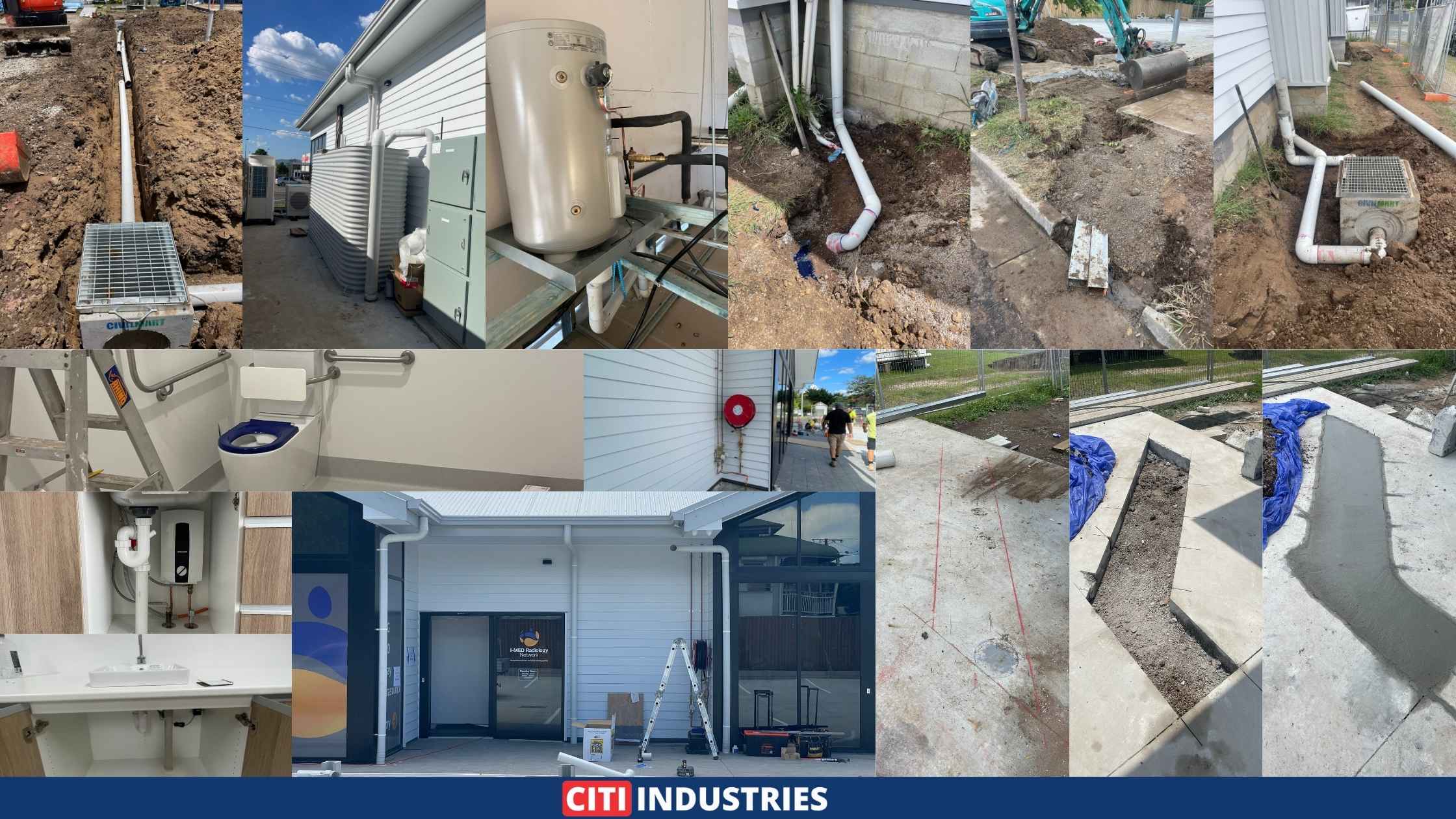 Completed plumbing works in Booval QLD featuring drainage systems, bathroom fittings, and concrete trenching by Citi Industries.