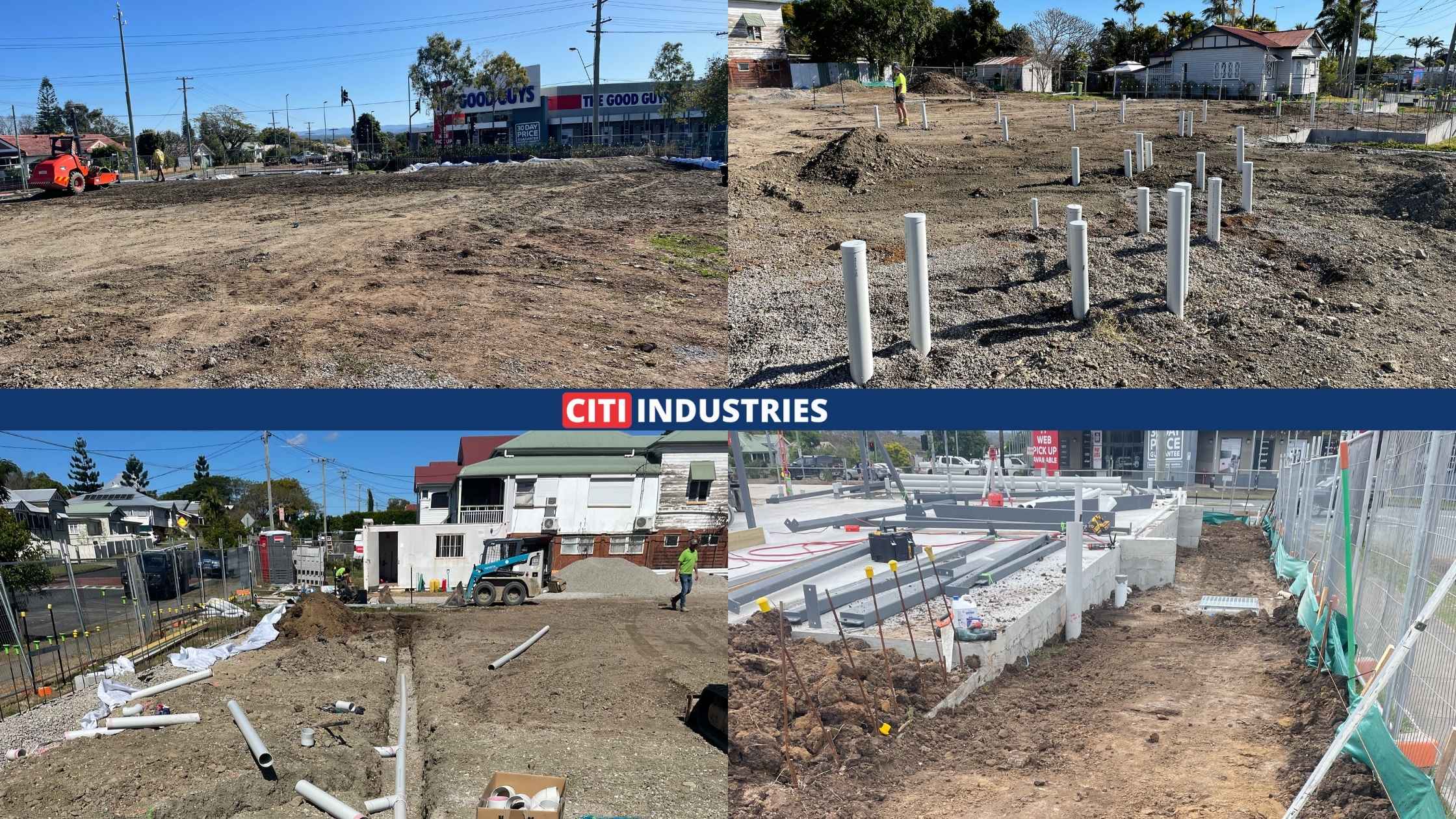 Early-stage plumbing installation and site preparation for a commercial project in Booval QLD by Citi Industries.