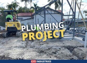 Excavator and foundation work underway at a commercial plumbing project in Booval QLD by Citi Industries.