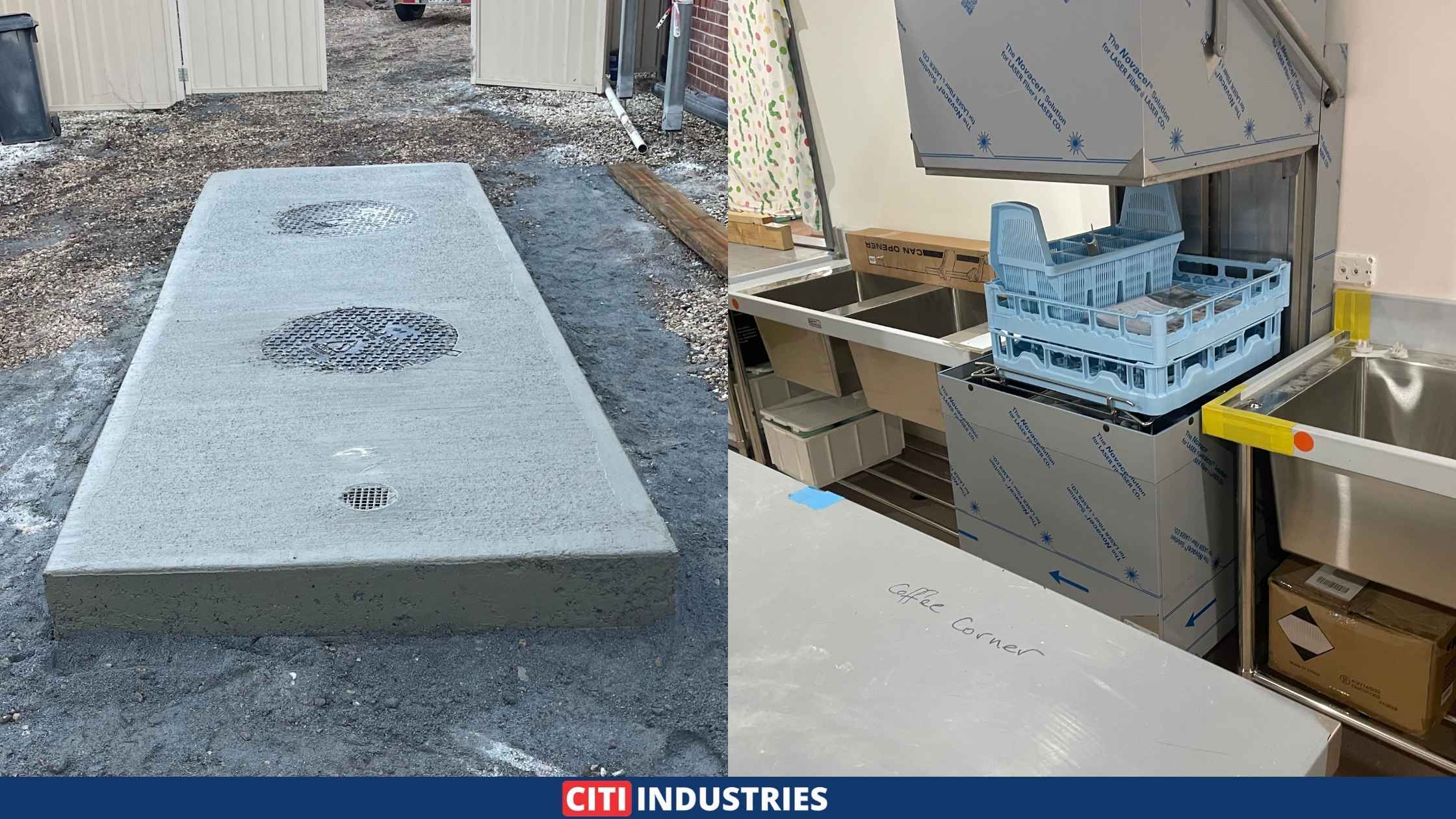 Finished concrete slab outside with visible grates and interior kitchen equipment setup, including a commercial dishwasher unit.