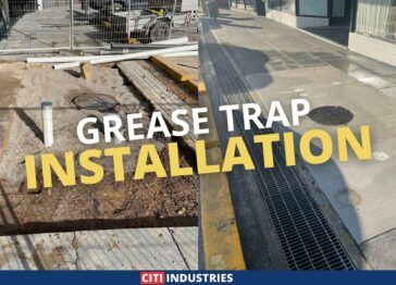 Side-by-side comparison of grease trap installation site before and after completion in Acacia Ridge, showing improved ground finish.