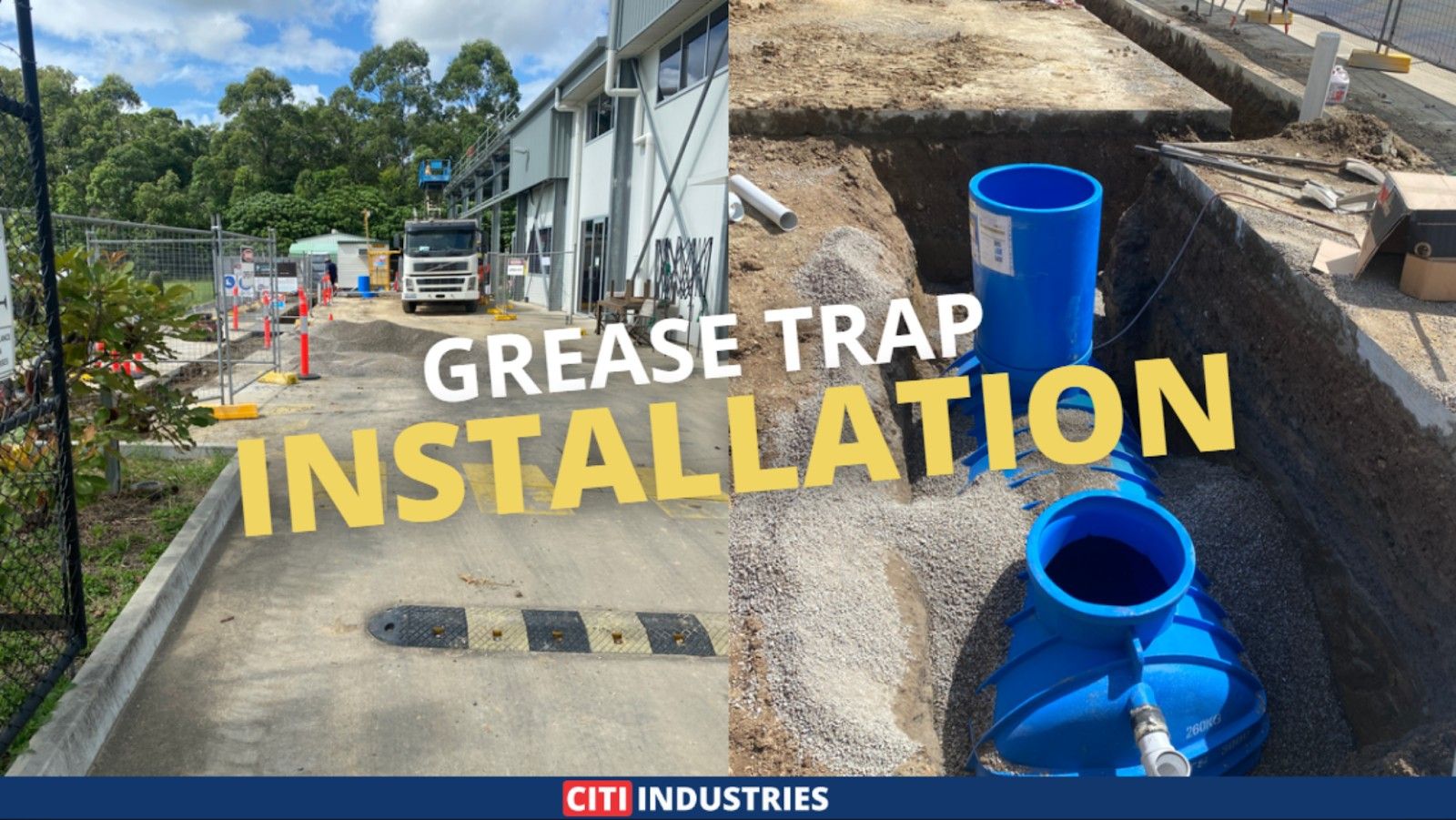 Commercial grease trap installation QLD at an industrial construction site with trenching and plumbing works underway.