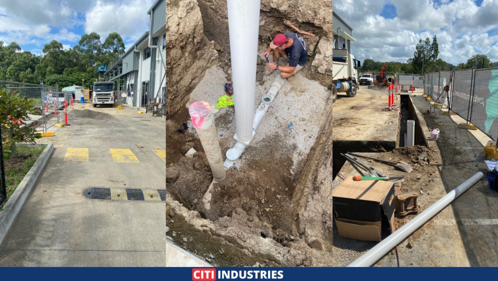 Commercial grease trap installation QLD showing underground pipe connections and drainage works during installation.