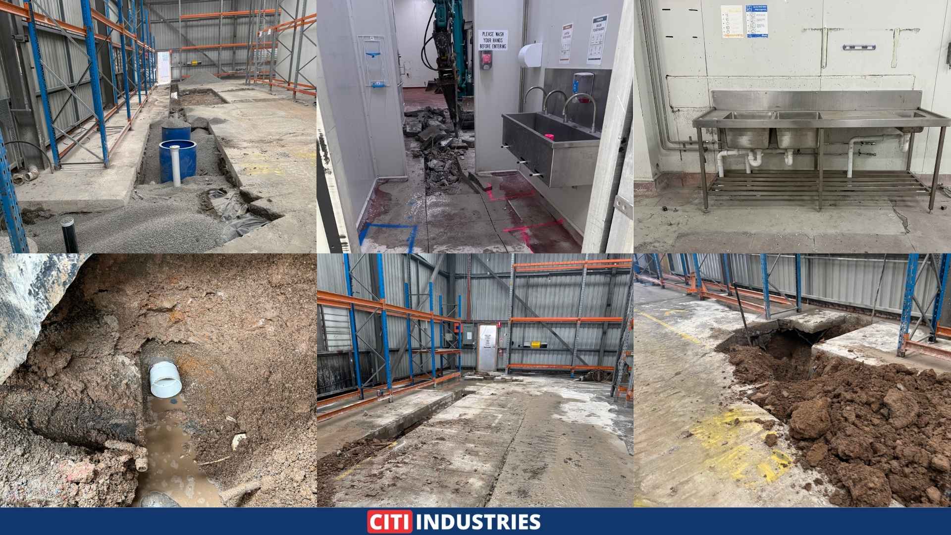 Trade waste plumbing system installation showing excavation and below-ground drainage pipework at a commercial kitchen facility in Darra, Queensland.