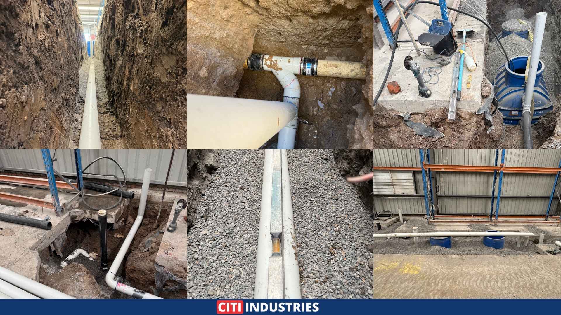 Underground drainage and tradewaste pipework installation in Darra QLD showing trench excavation, pipe connections, drainage channel in gravel bed, and internal sanitary pipework.