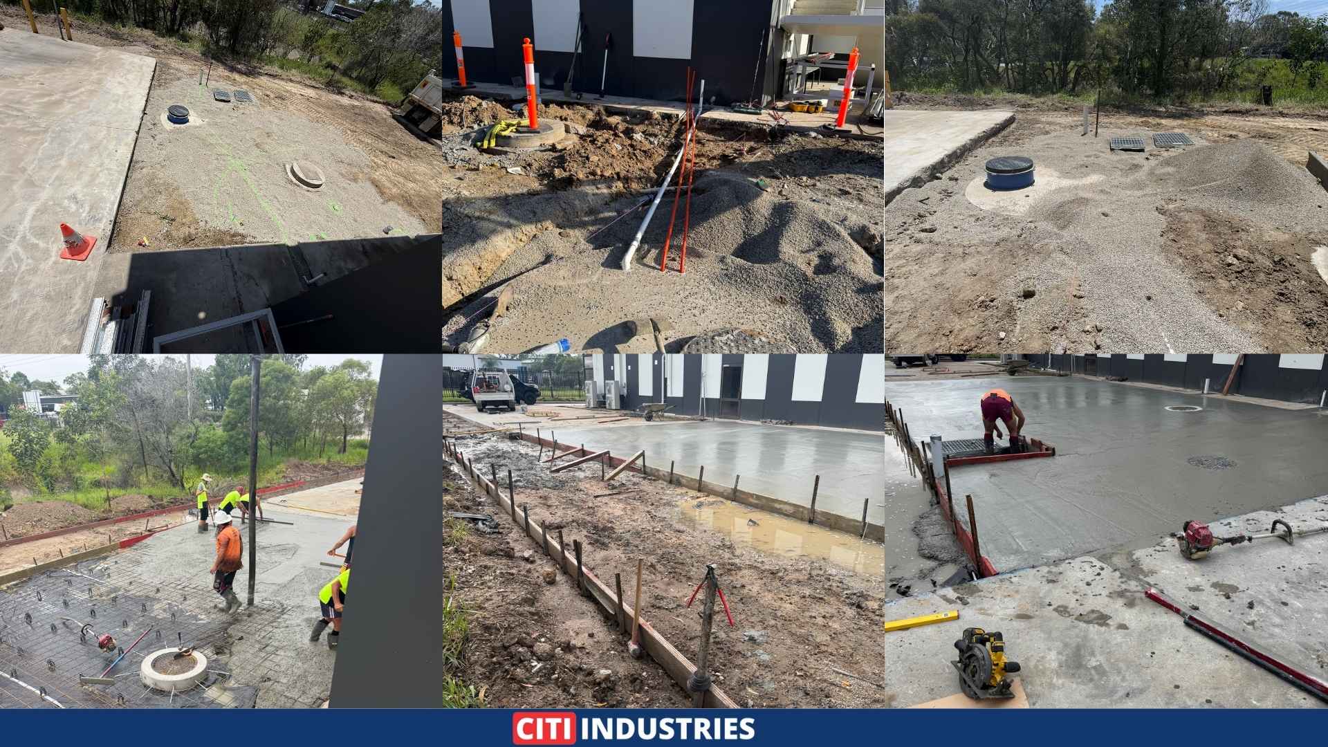Industrial washbay plumbing installation showing internal drainage works, trade waste pipework connections, and wastewater system components at a vehicle maintenance facility in Carole Park Queensland.
