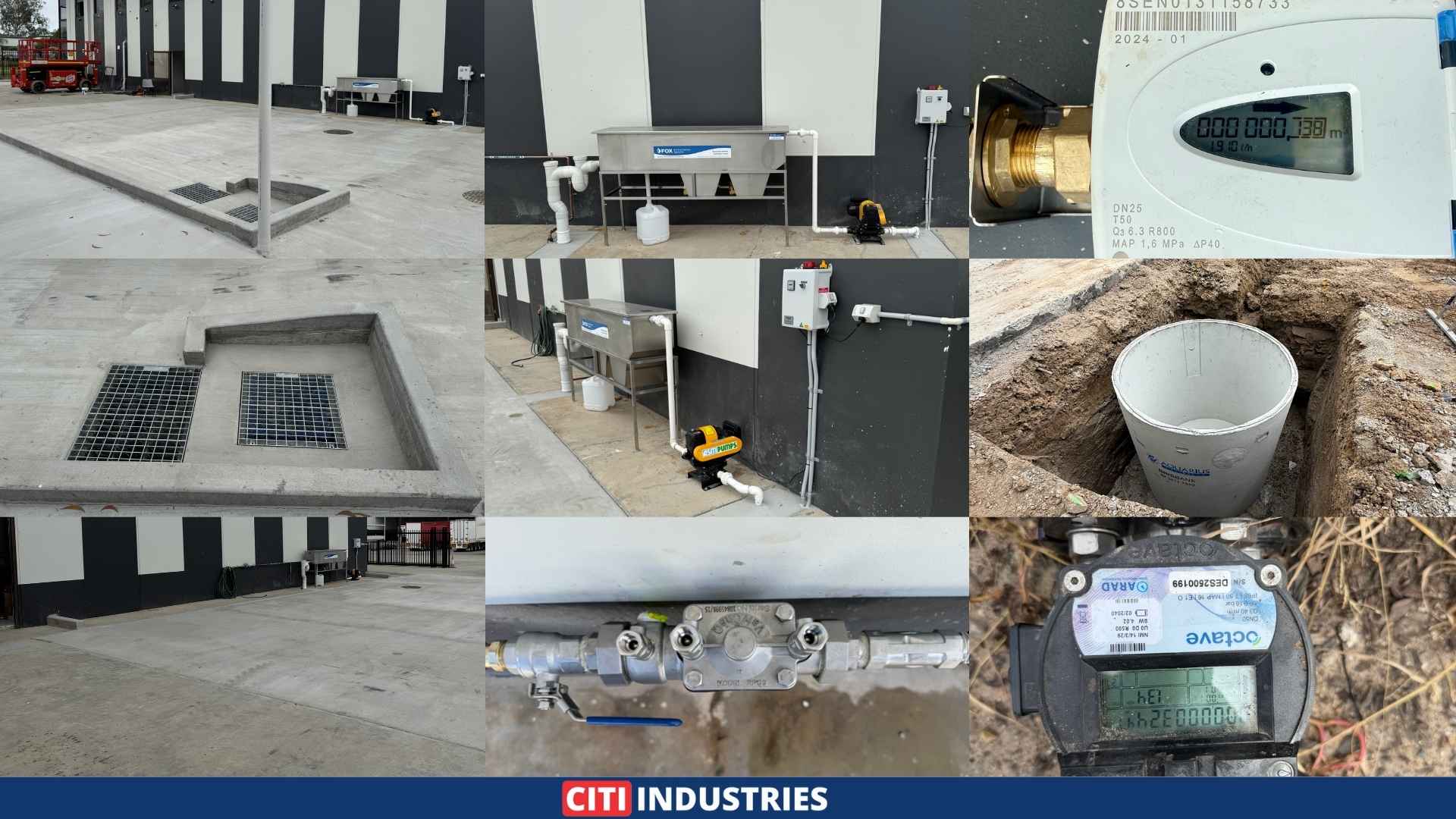 Six-panel site photo showing completed washbay drainage system at Carole Park Queensland including flush-mounted collection pit with grated lid in concrete slab, oil water separator and pump system mounted to building wall, water meter on pressurised supply line, holding tank set in excavation, RPZD backflow prevention assembly, and second water meter installation.
