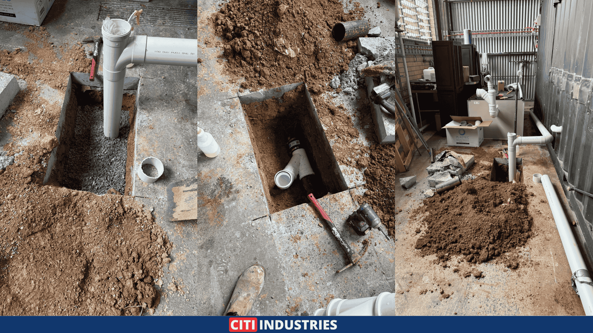 Three-panel site photo showing grease trap and trade waste pipework installation at a craft brewery in East Brisbane QLD, including drainage pit excavation with pipe stubs, below-slab pipework connections, and internal above-slab drainage works along the building wall.