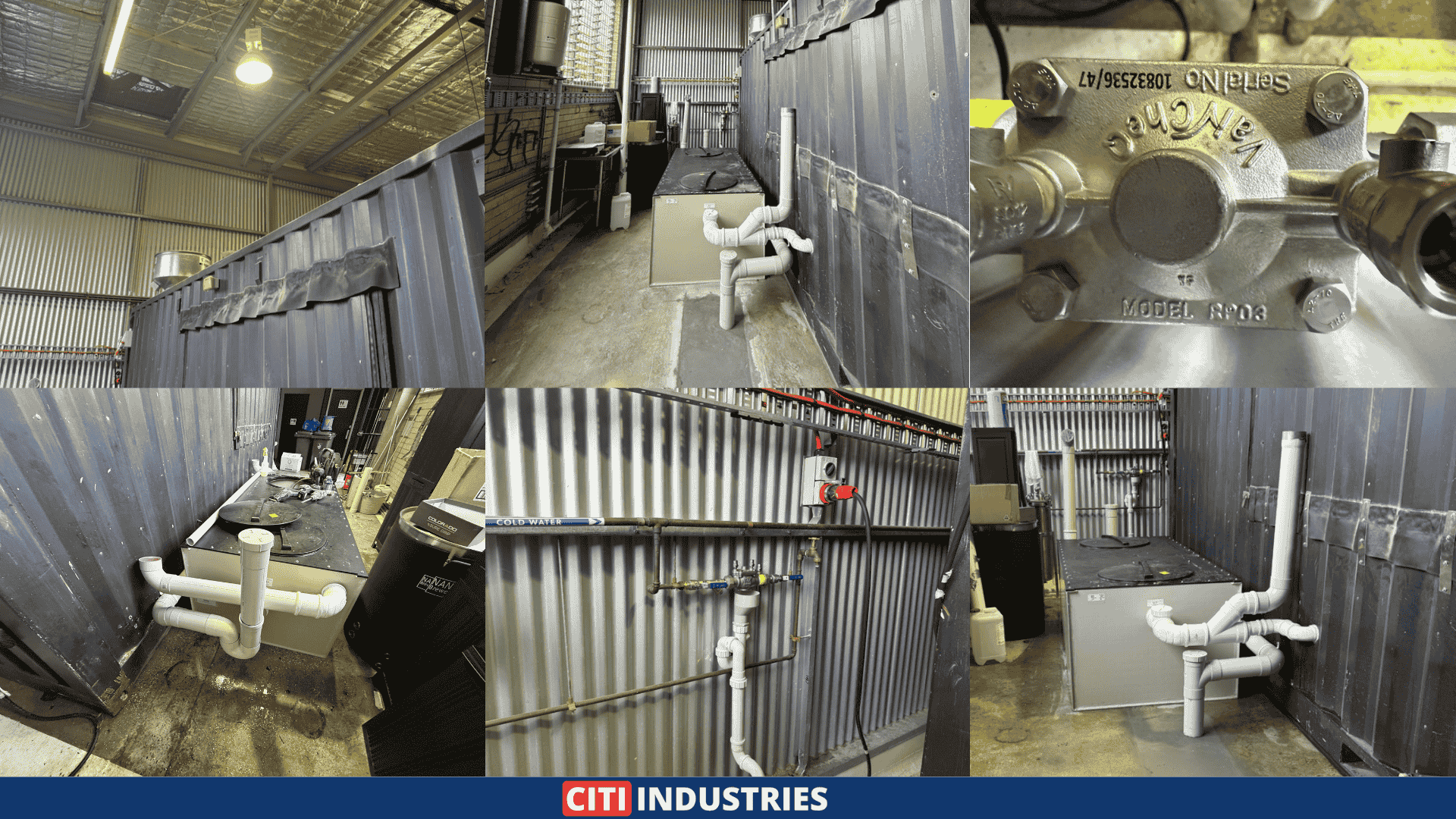 Six-panel photo showing completed brewery plumbing installation in East Brisbane QLD including atmospheric vent on rear building face, above-slab trade waste pipework, RPZD backflow prevention valve on cold water supply, grease trap connections, and completed drainage layout along the building wall.