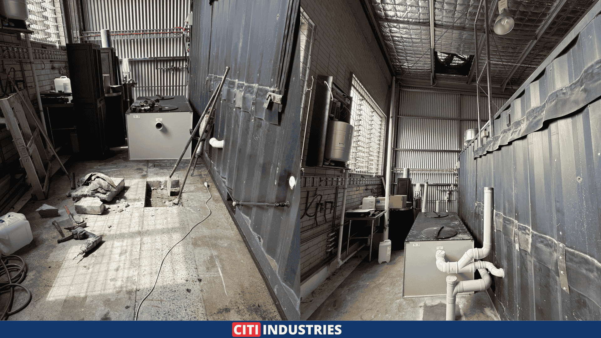Commercial brewery drainage system installation showing holding tank connection, atmospheric venting, and brewery plumbing installation works at a craft brewery in Brisbane, Queensland.