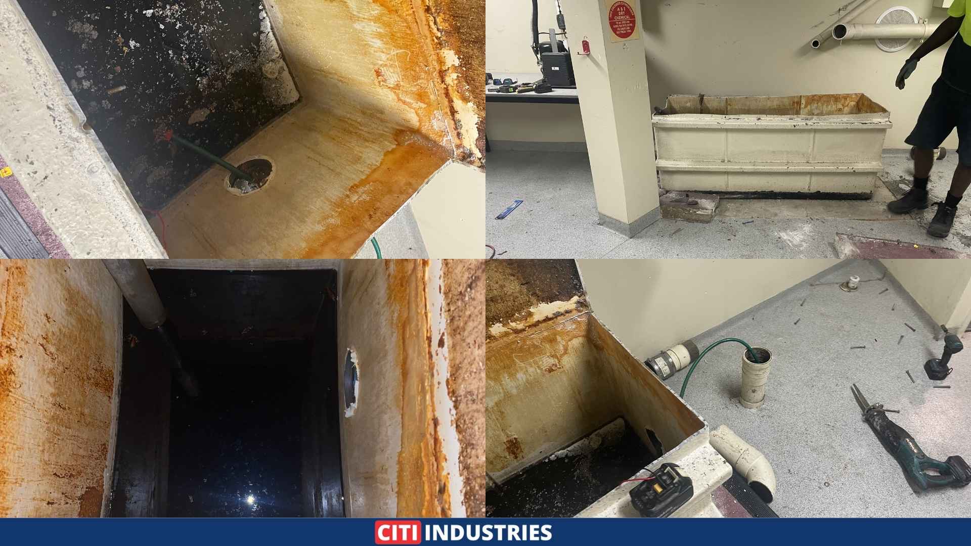 Old grease trap removal showing drainage pit, concrete plinth demolition, and trade waste pipework preparation at a Woolloongabba brewery.
