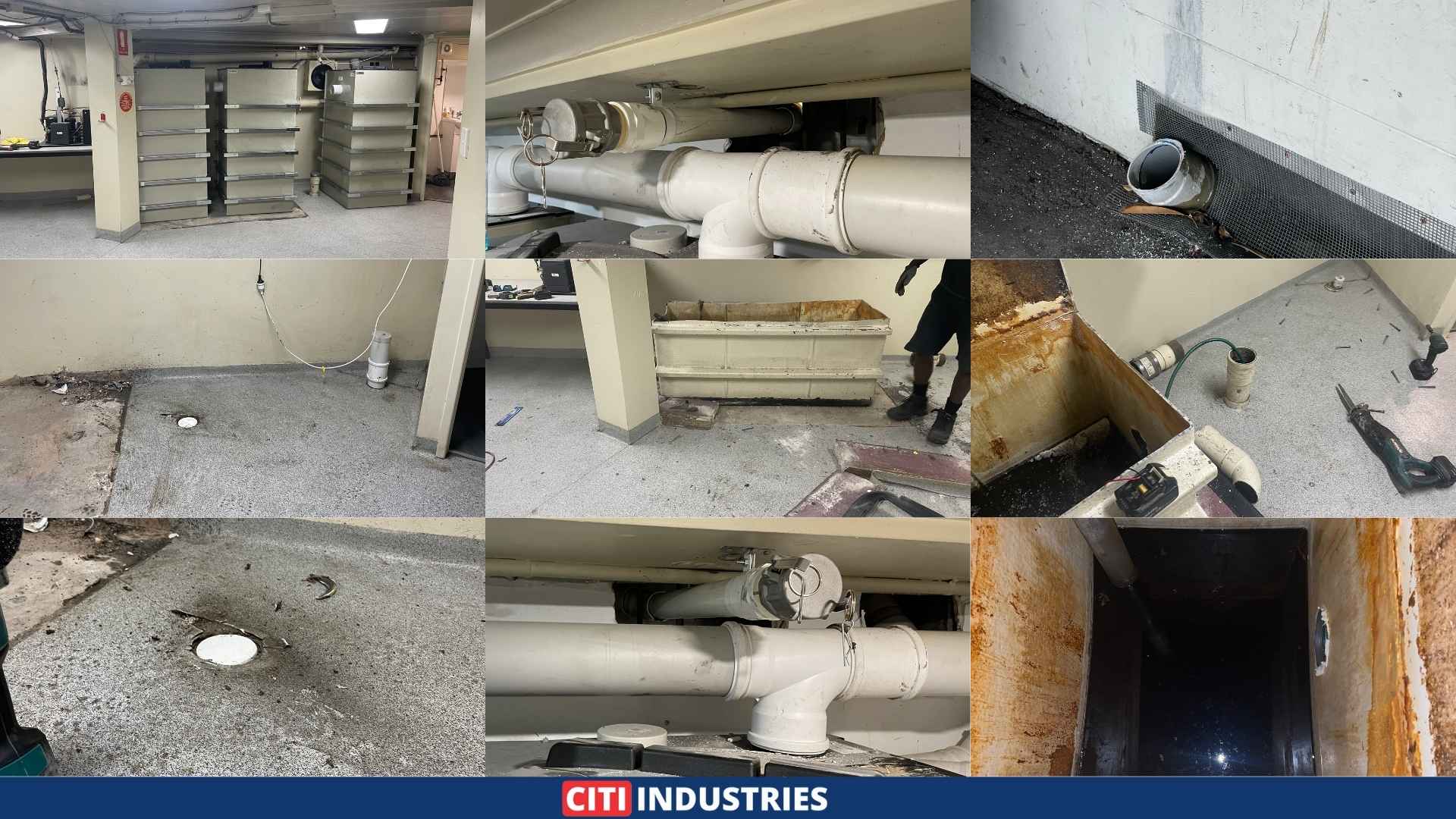 Commercial grease trap installation showing drainage connections, pipework, venting, and inspection openings for trade waste compliance at a Queensland brewery.
