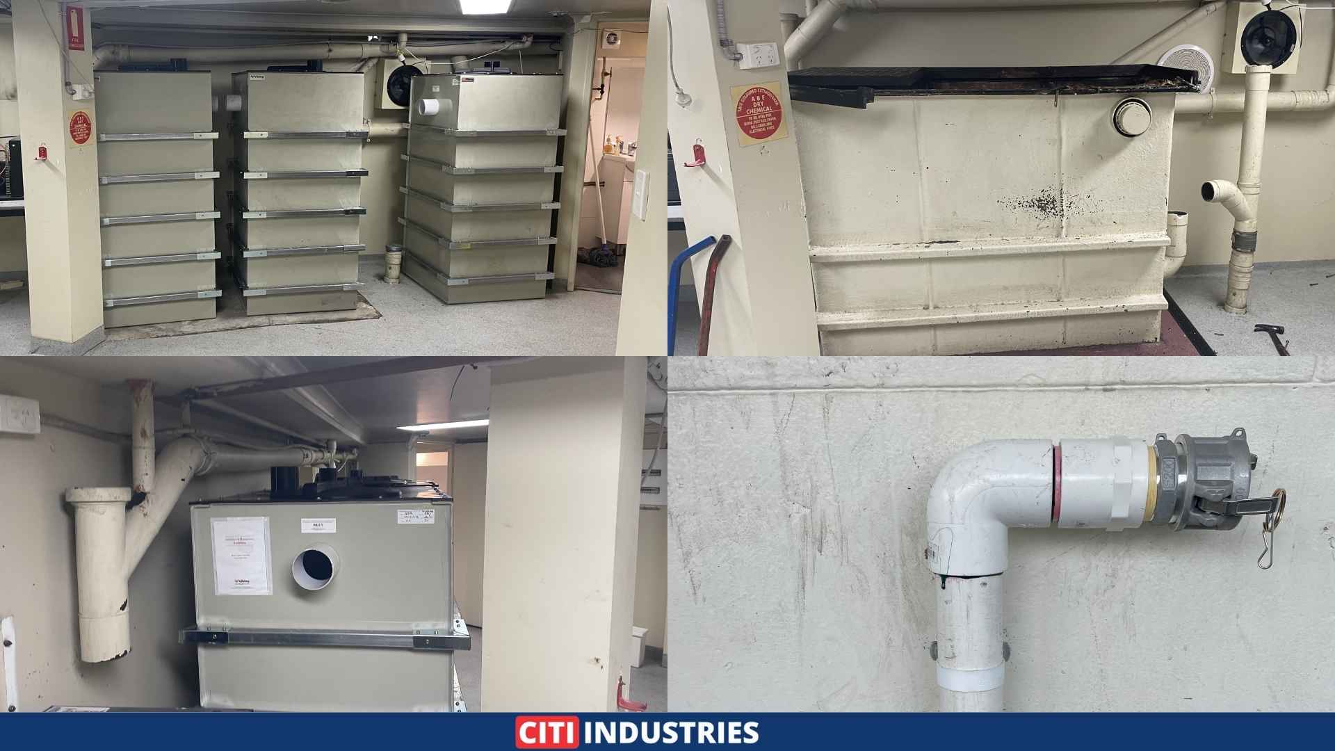 Completed commercial grease trap installation with suction line camlock fitting and venting for trade waste compliance at a Woolloongabba brewery.