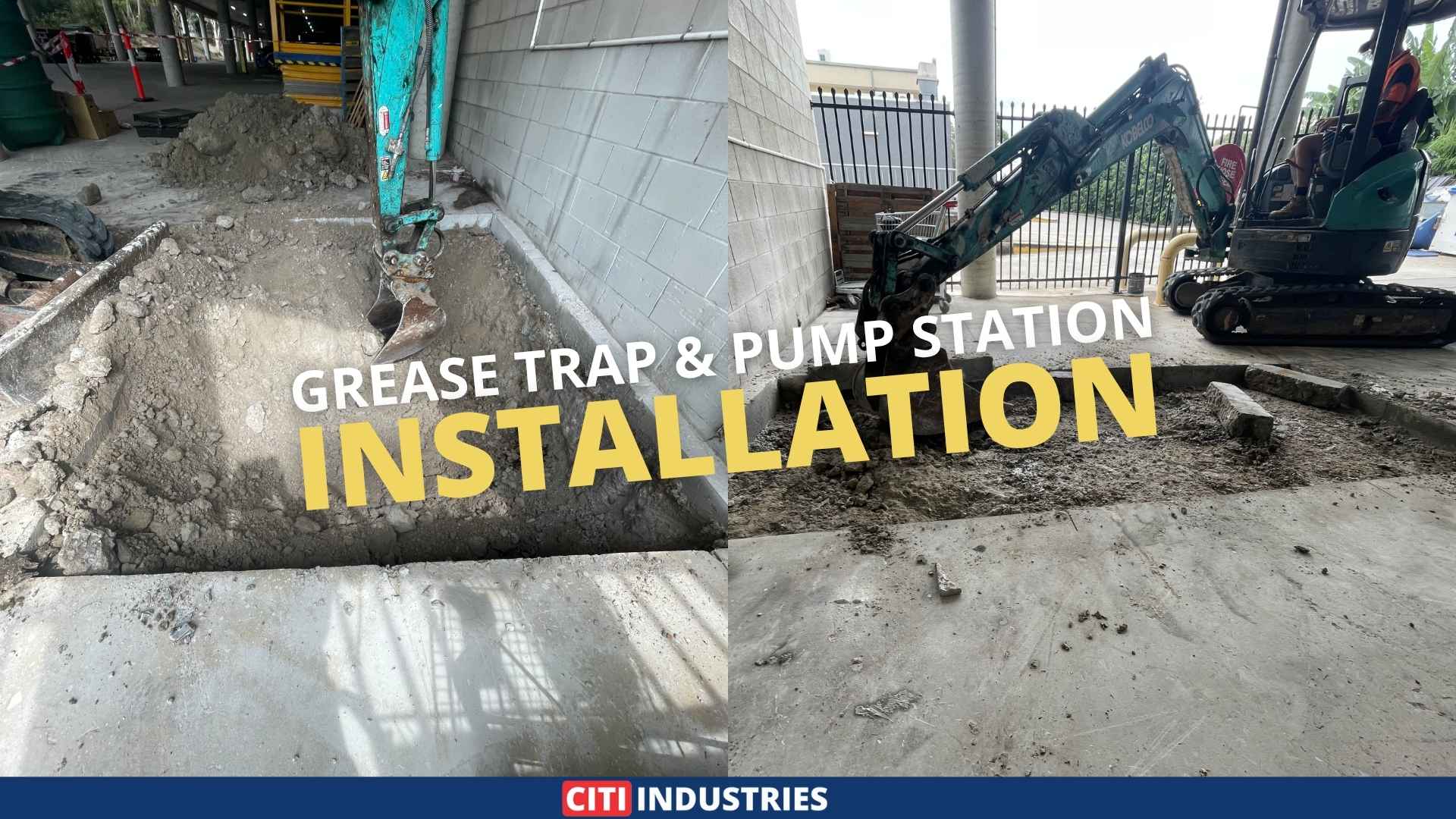 Excavation and concrete cutting for a commercial grease trap installation at a shopping centre in Mt Gravatt, showing prepared pit and mini excavator on site for grease trap upgrade works.