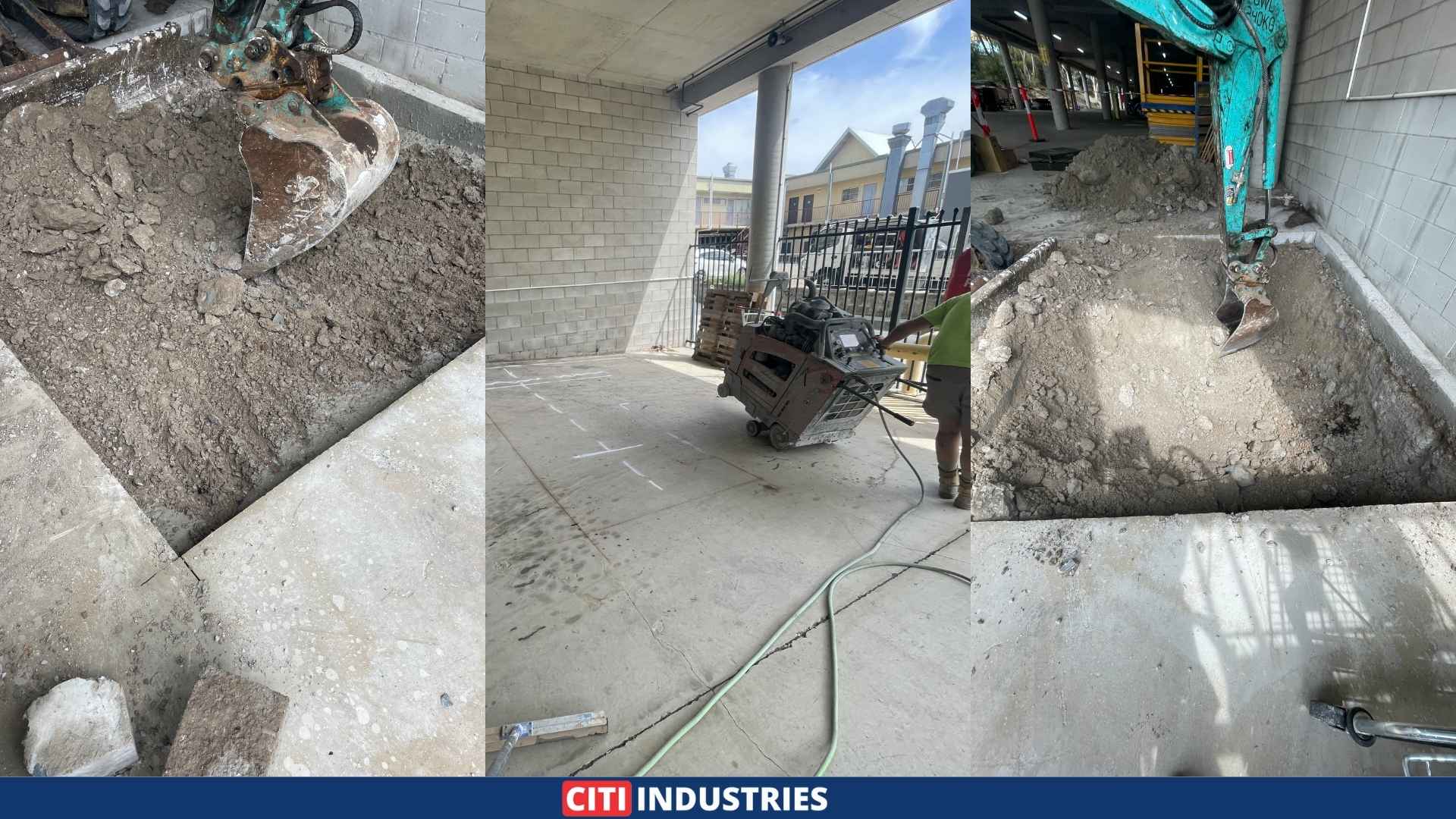 Concrete cutting and excavation for a grease trap upgrade at a Mt Gravatt shopping centre, showing excavator bucket removing soil and tradesperson operating cutting equipment to ensure trade wastewater compliance.