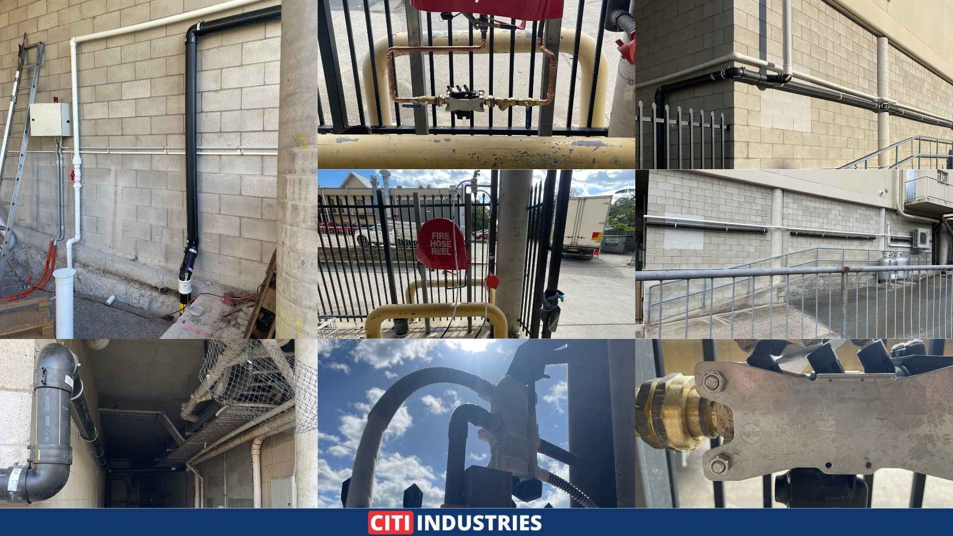 Sewer pump station pipework and venting installed as part of a commercial grease trap installation, showing discharge lines, atmospheric vents, and backflow prevention at a Queensland shopping centre.