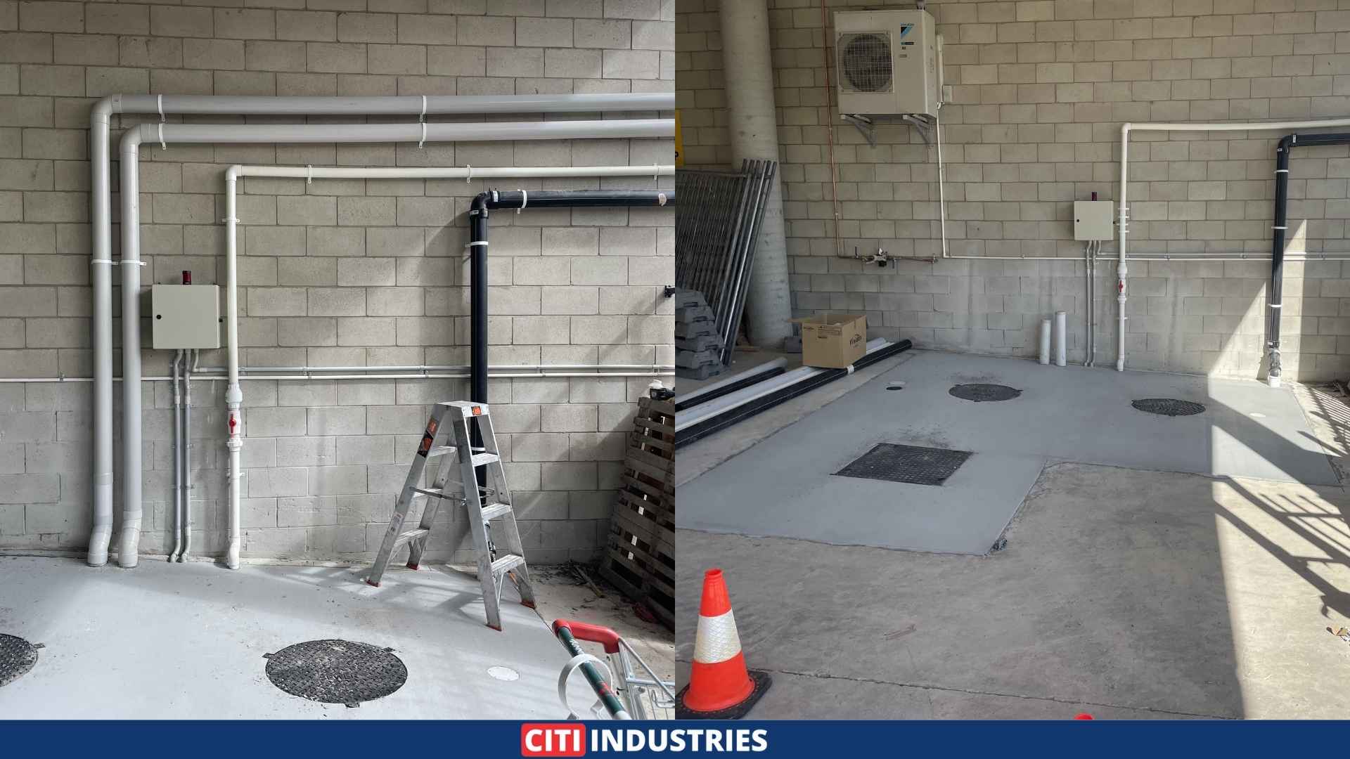 Completed grease trap upgrade showing above ground discharge pipework, atmospheric vents, electronic controller, and reinstated concrete slab with Class D access lids, achieving full trade wastewater compliance.