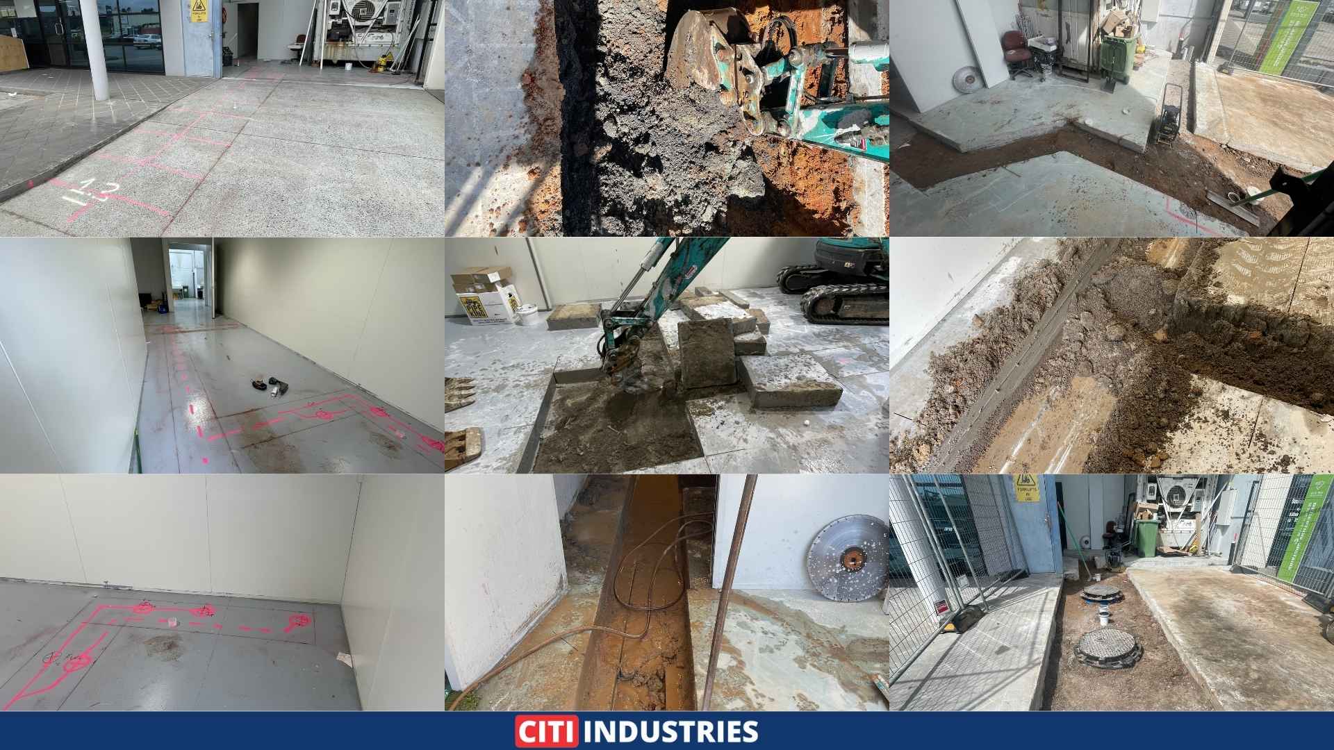 Nine-stage photo grid documenting a commercial grease trap installation and trade wastewater compliance works by Citi Industries in Coopers Plains, Queensland, including concrete scanning, excavation, and slab reinstatement.