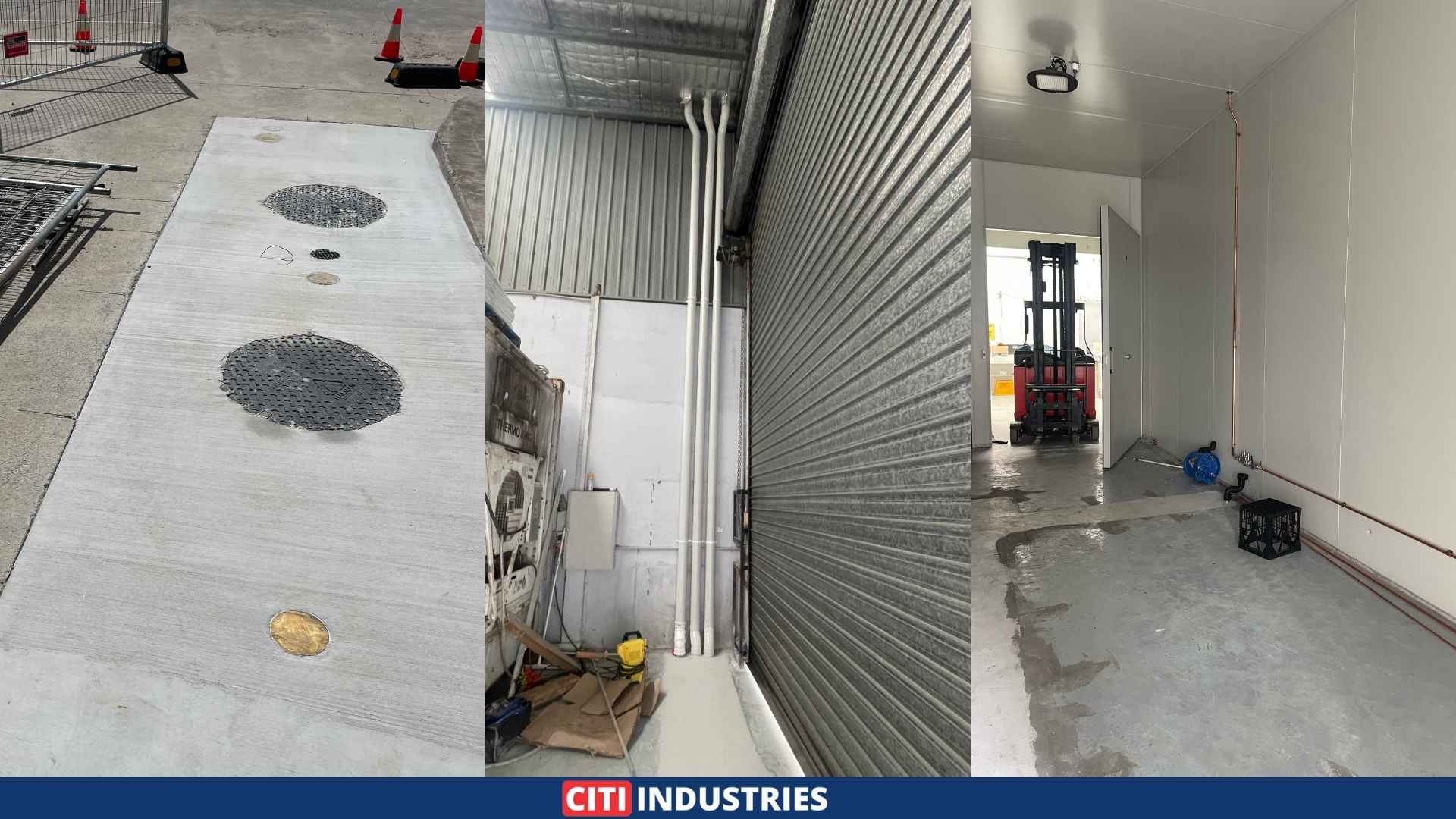Completed commercial grease trap installation and trade wastewater compliance works by Citi Industries in Coopers Plains, Queensland, showing reinstated driveway slab with Class D lids, external venting, and finished internal tenancy.