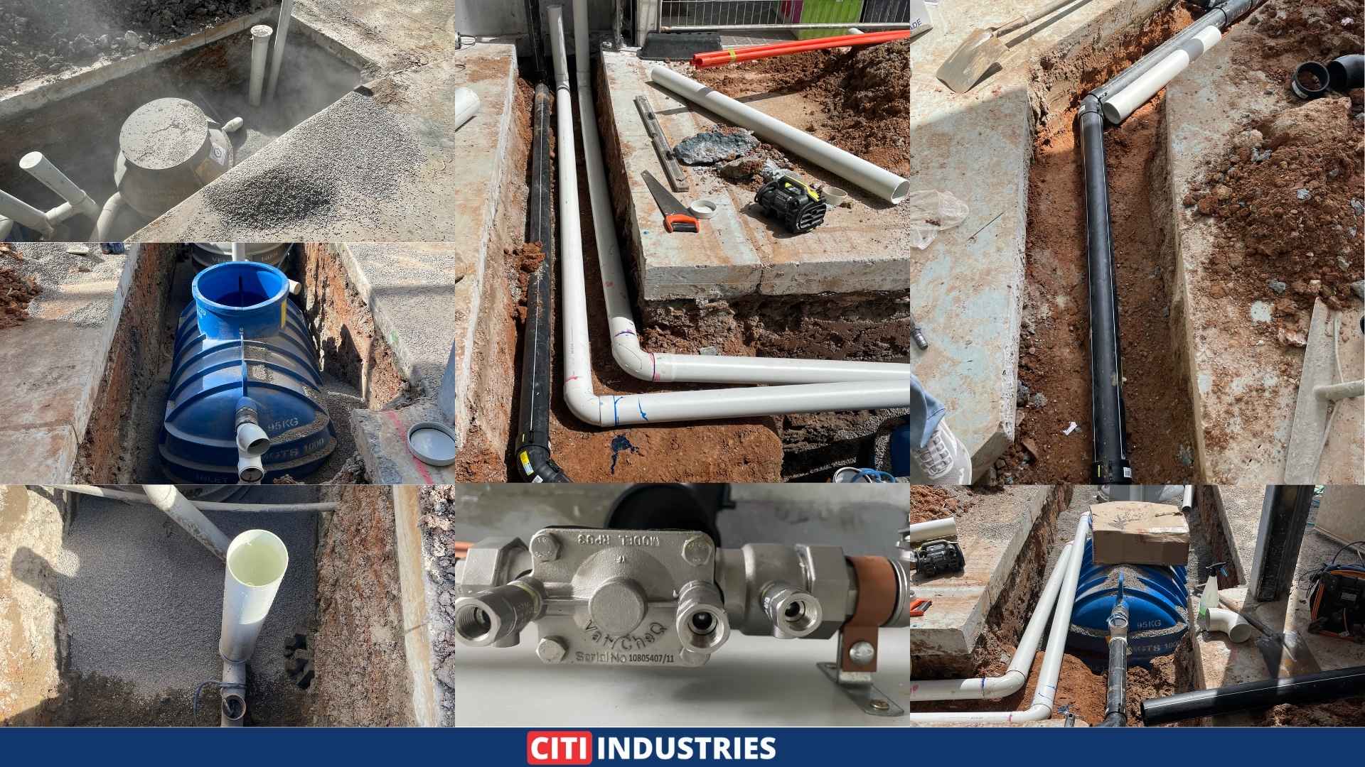 Trade wastewater compliance installation showing commercial grease trap drainage pipework, sewer pump station, and RPZD backflow prevention valve completed by Citi Industries at a commercial kitchen fitout in Coopers Plains, QLD.
