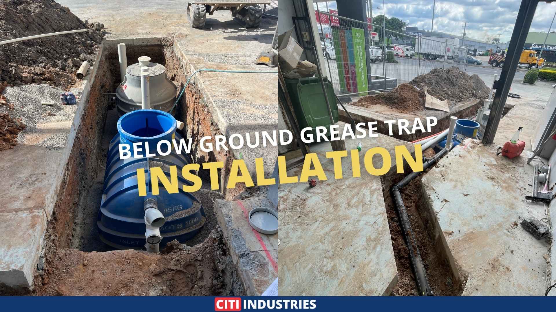 Below ground commercial grease trap installation in progress at a trade wastewater compliance project in Coopers Plains, Queensland, showing excavation and drainage pipework completed by Citi Industries.
