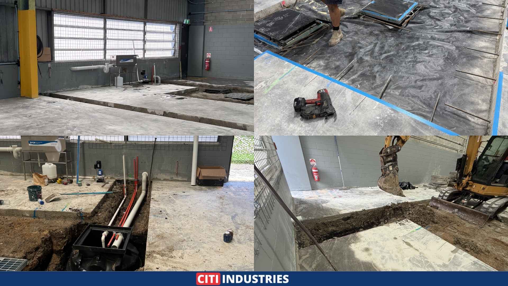Four-panel image showing wash bay installation challenges including drainage inspection, concrete cutting for oil water separator installation, below-ground pipe connections, and excavator removing existing concrete to prepare for automotive wash bay compliance.