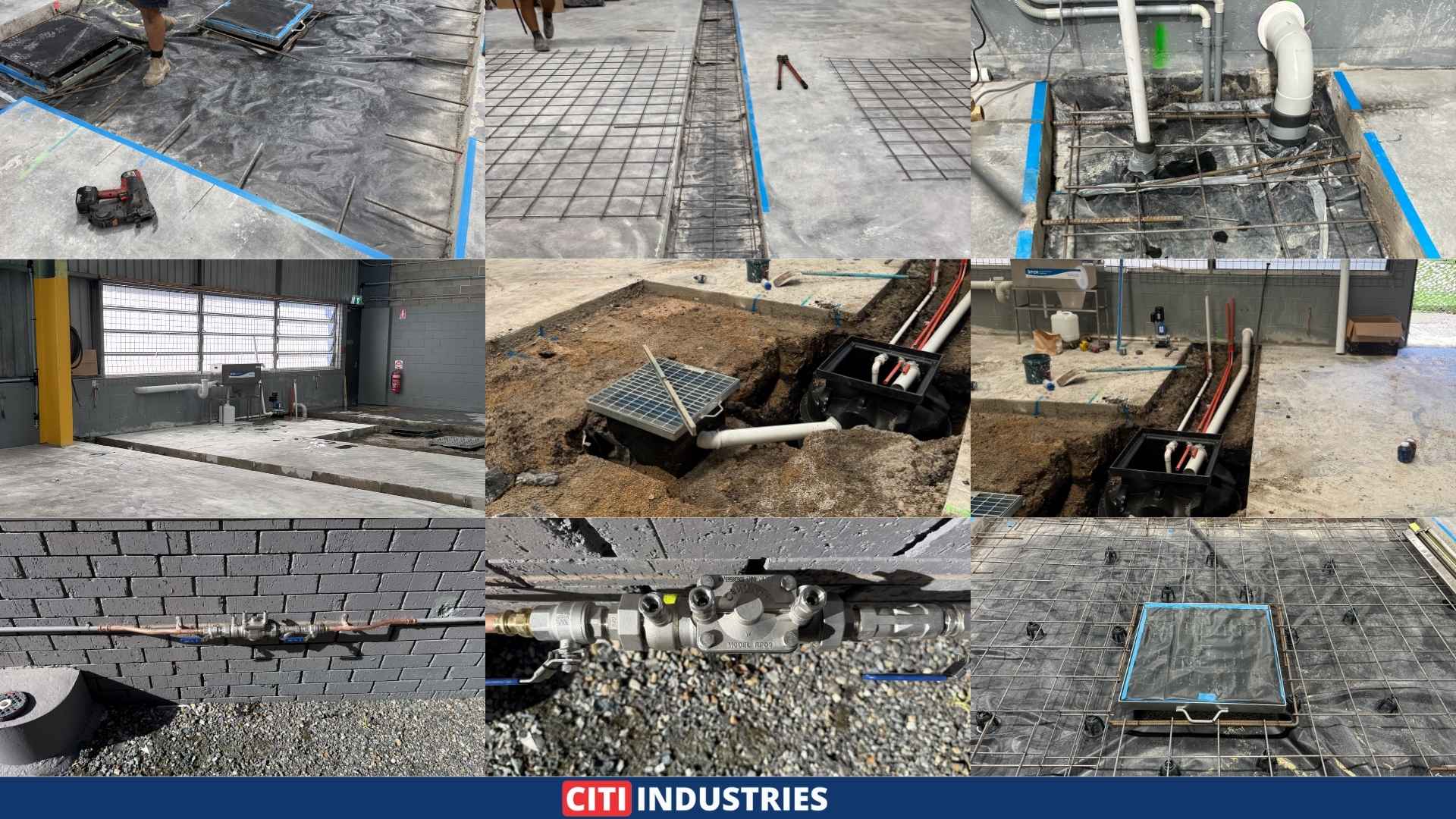 Nine-panel image showing wash bay installation process including concrete cutting, steel reinforcement, oil water separator positioning, drainage connections, RPZD valve installation, and concrete preparation for automotive wash bay compliance.