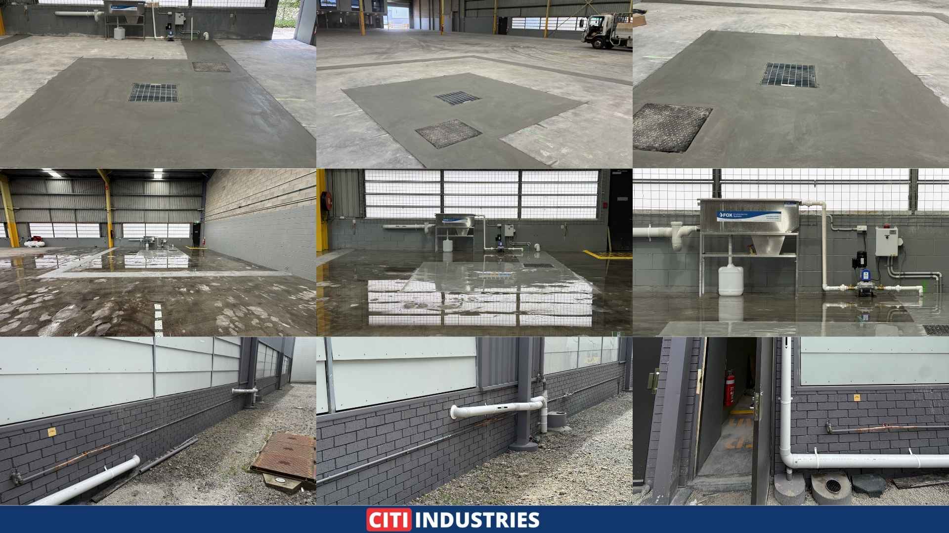 Nine-panel image showing completed wash bay installation featuring drainage grates, sealed concrete floor, oil water separator unit, and external pipework connections meeting automotive wash bay compliance standards in Queensland.