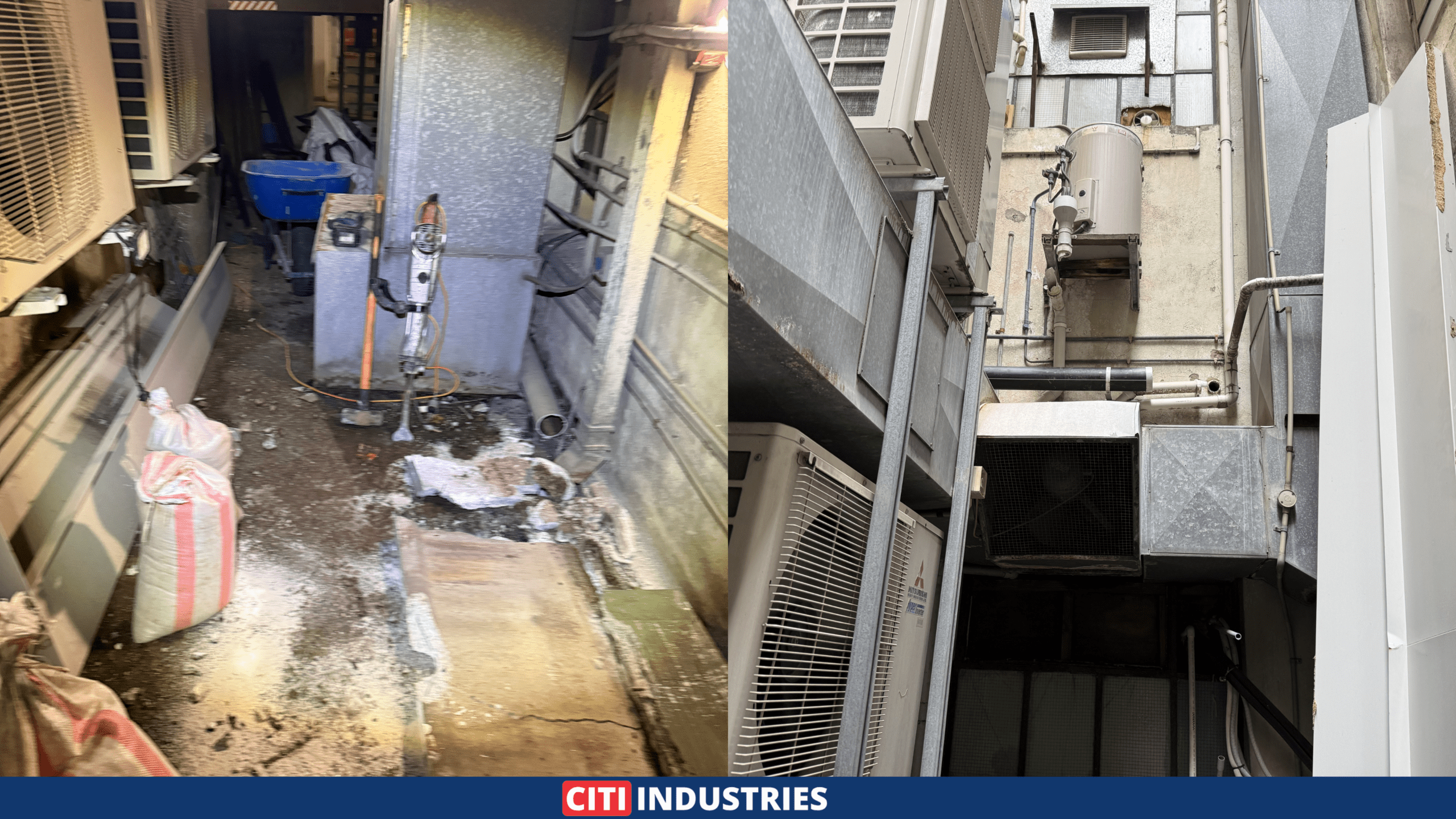 Narrow Brisbane City CBD plant area with no ground access for grease trap installation