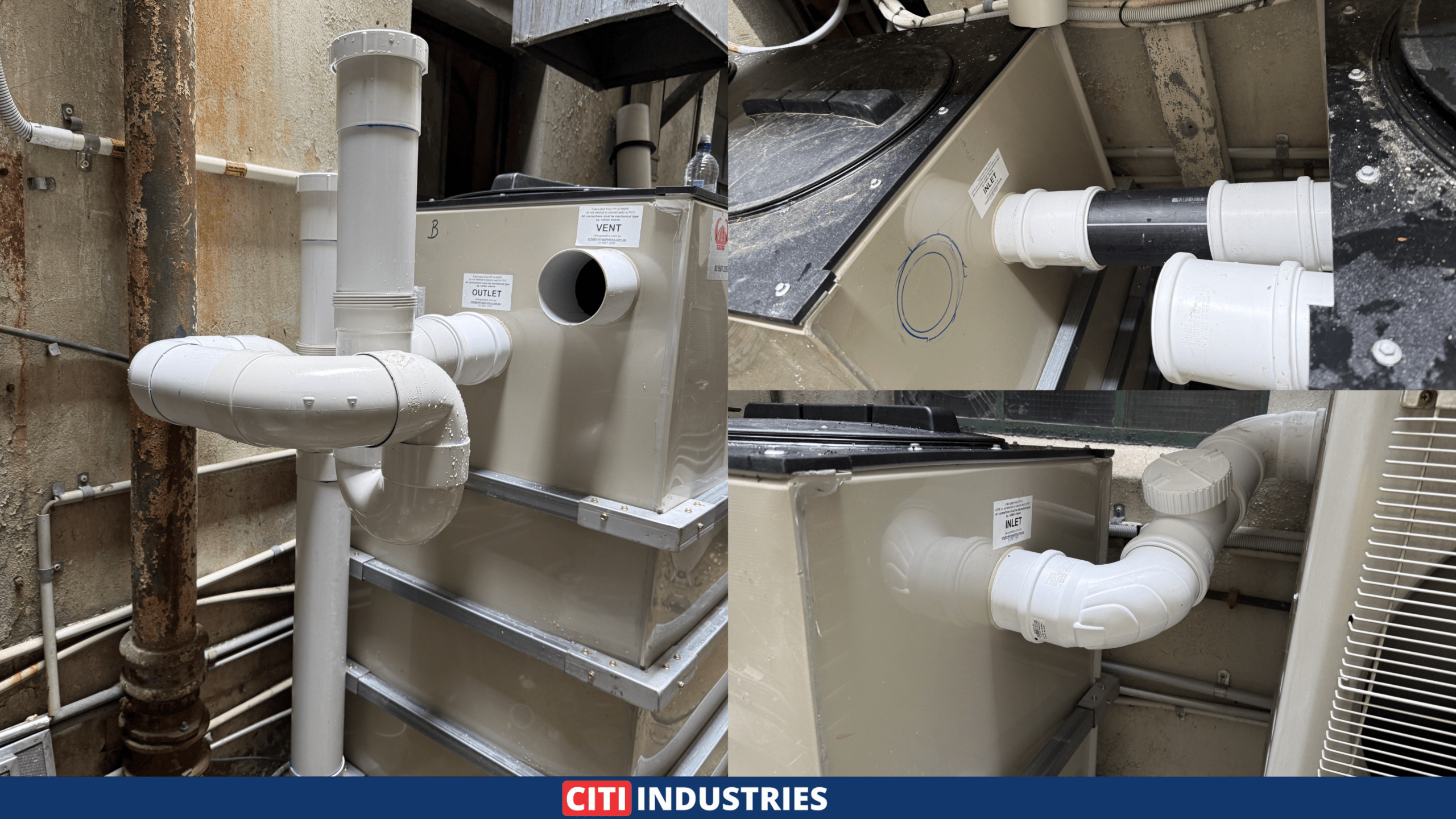 Custom twin-tank above ground grease trap with labelled inlet, outlet and vent