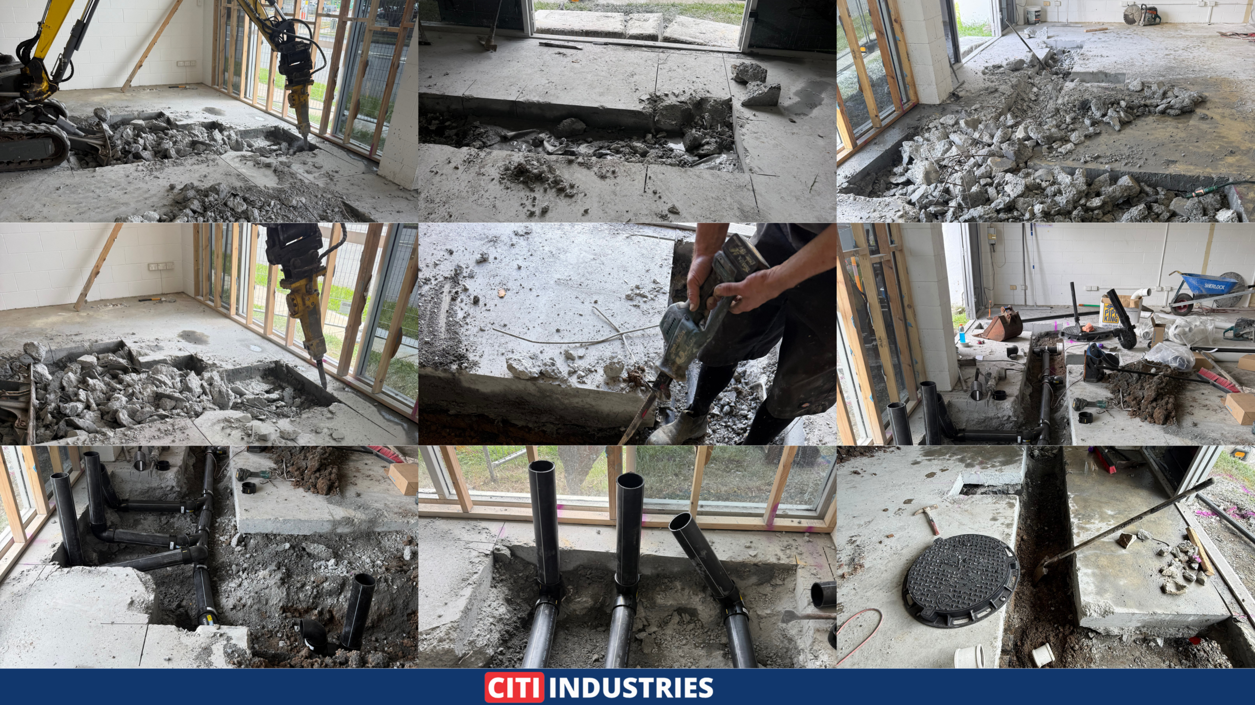 Multiple stages of grease trap installation showing concrete excavation, plumbing pipework, and groundwork at a commercial site in Marsden, QLD.