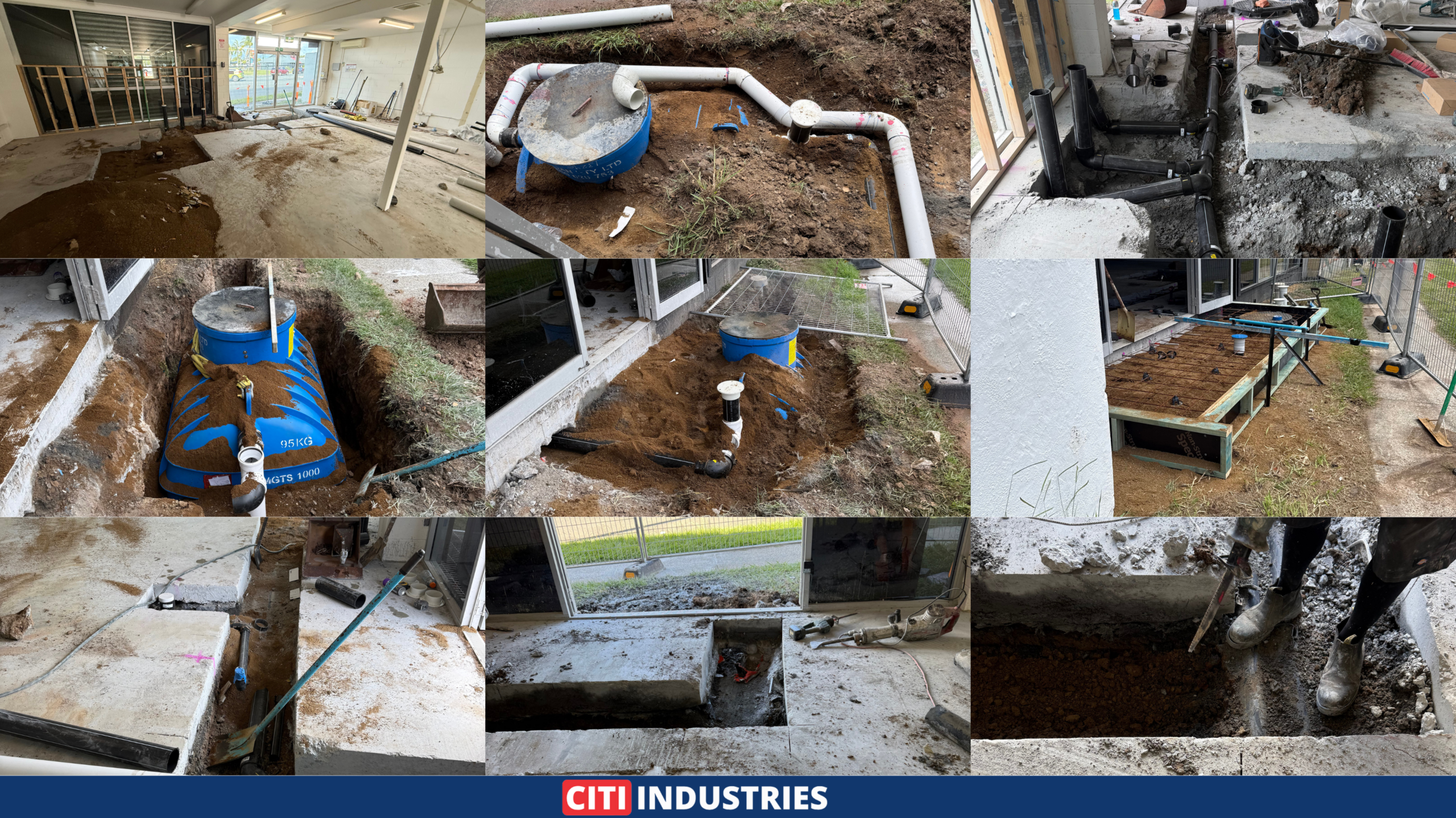Grease trap installation process featuring underground tank placement, drainage connections, and excavation works for a commercial property in Marsden, QLD.