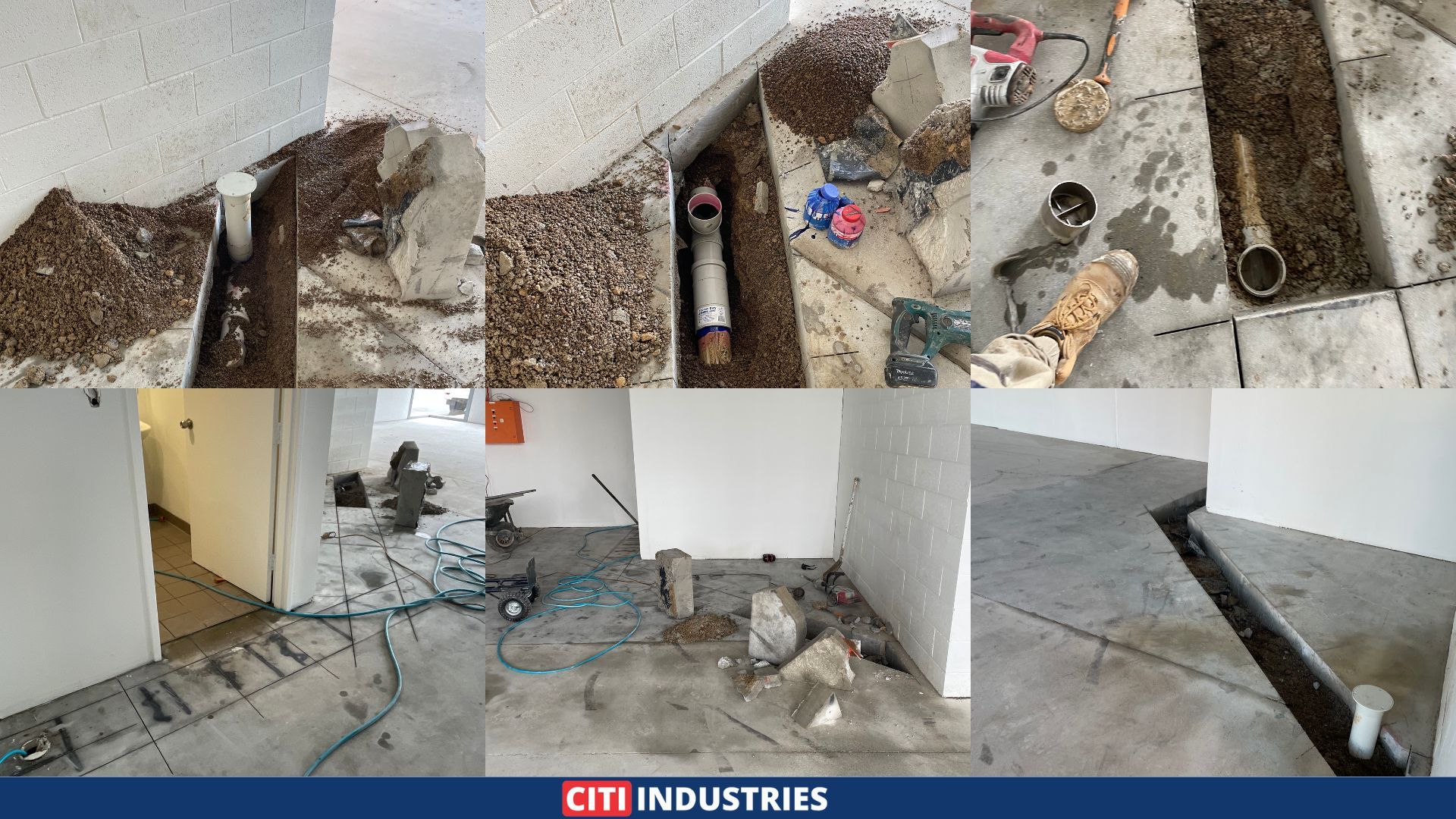 Sewer pipe laid and jointed in excavated trench before concrete reinstatement, Ipswich plumbing fit-out