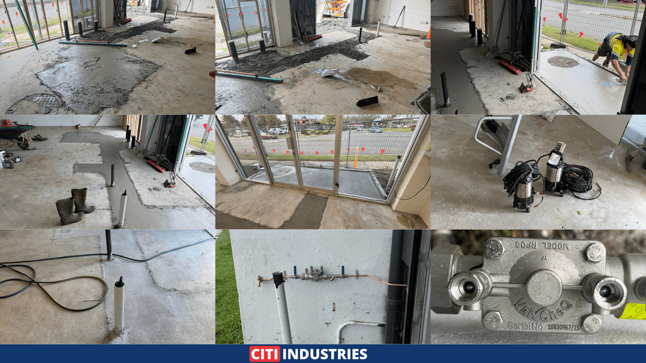 Final stages of grease trap installation showing completed plumbing connections, floor restoration, and finished commercial installation in Marsden, QLD.