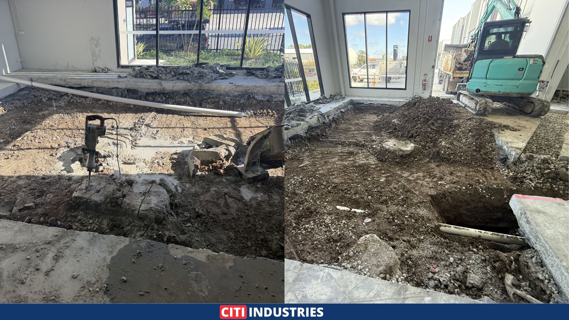 Concrete cutting and excavation before grease trap installation Acacia Ridge, showing jackhammer, exposed slab, and excavator on site