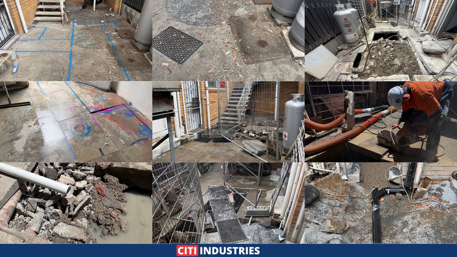 Grease trap upgrade in progress showing excavation, pipe installation, and underground plumbing works at a commercial site in Salisbury, QLD.