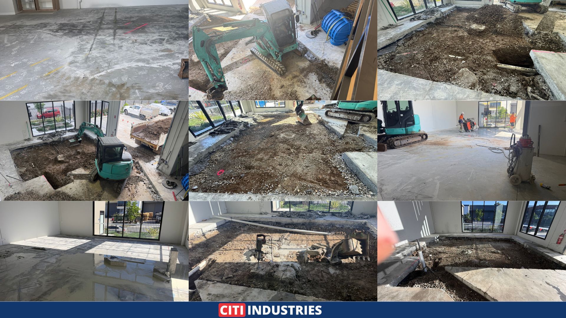 Multiple stages of grease trap installation including concrete cutting, excavation, trenching, and site preparation at a commercial property in Acacia Ridge, QLD.