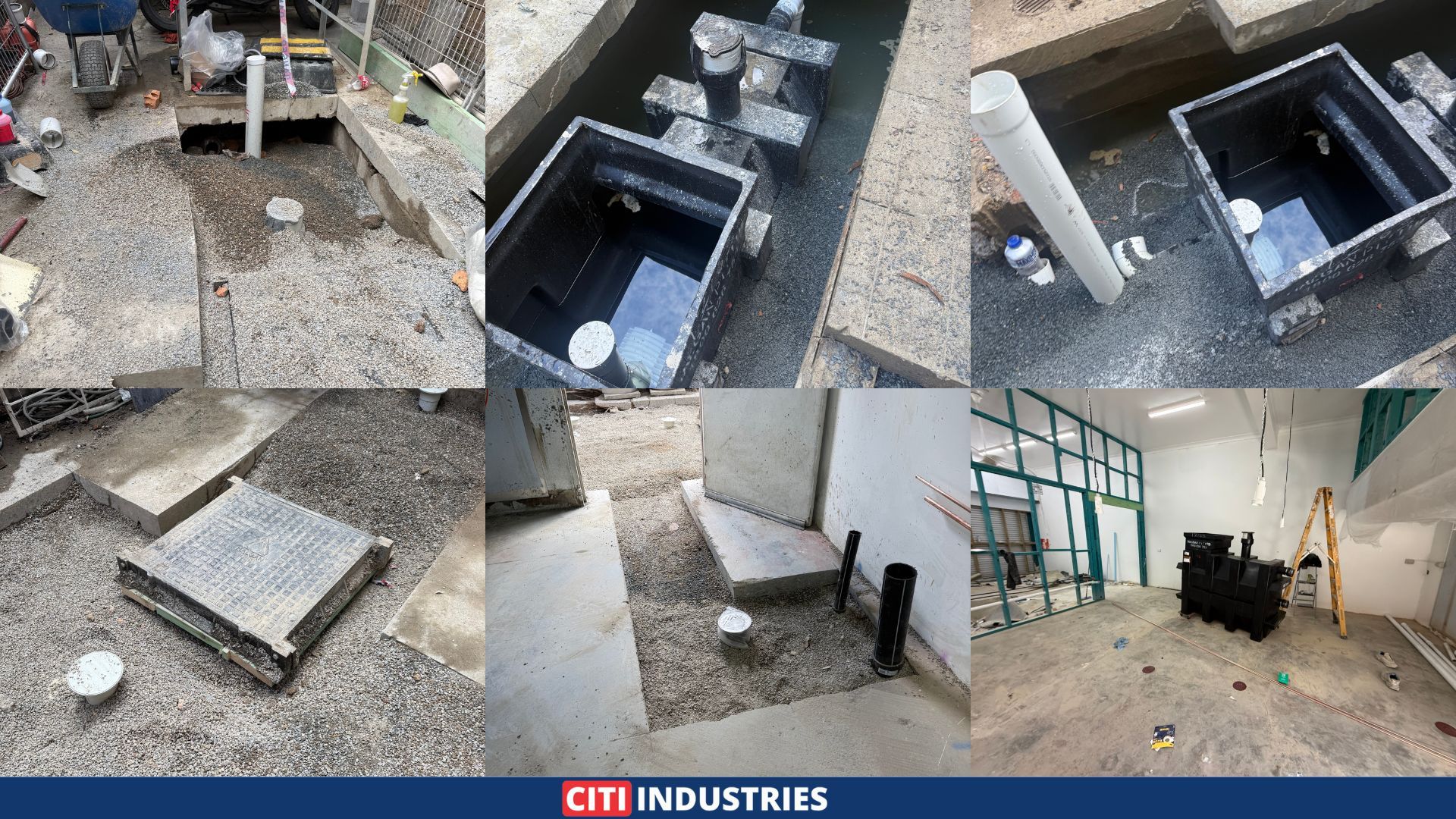 Newly installed grease trap chamber and connected drainage pipework during a commercial grease trap upgrade in Salisbury, QLD.
