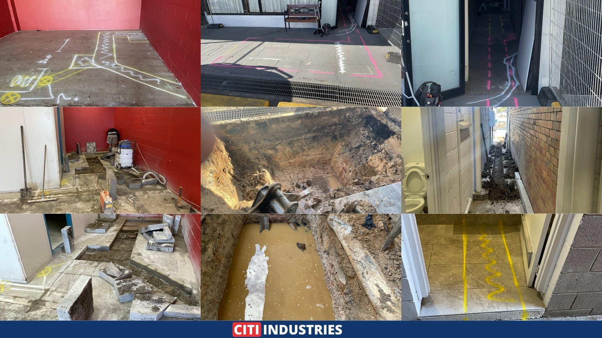 Spray-painted service markings on concrete and tile floors, alongside an open excavation trench and exposed toilet during grease trap Acacia Ridge works