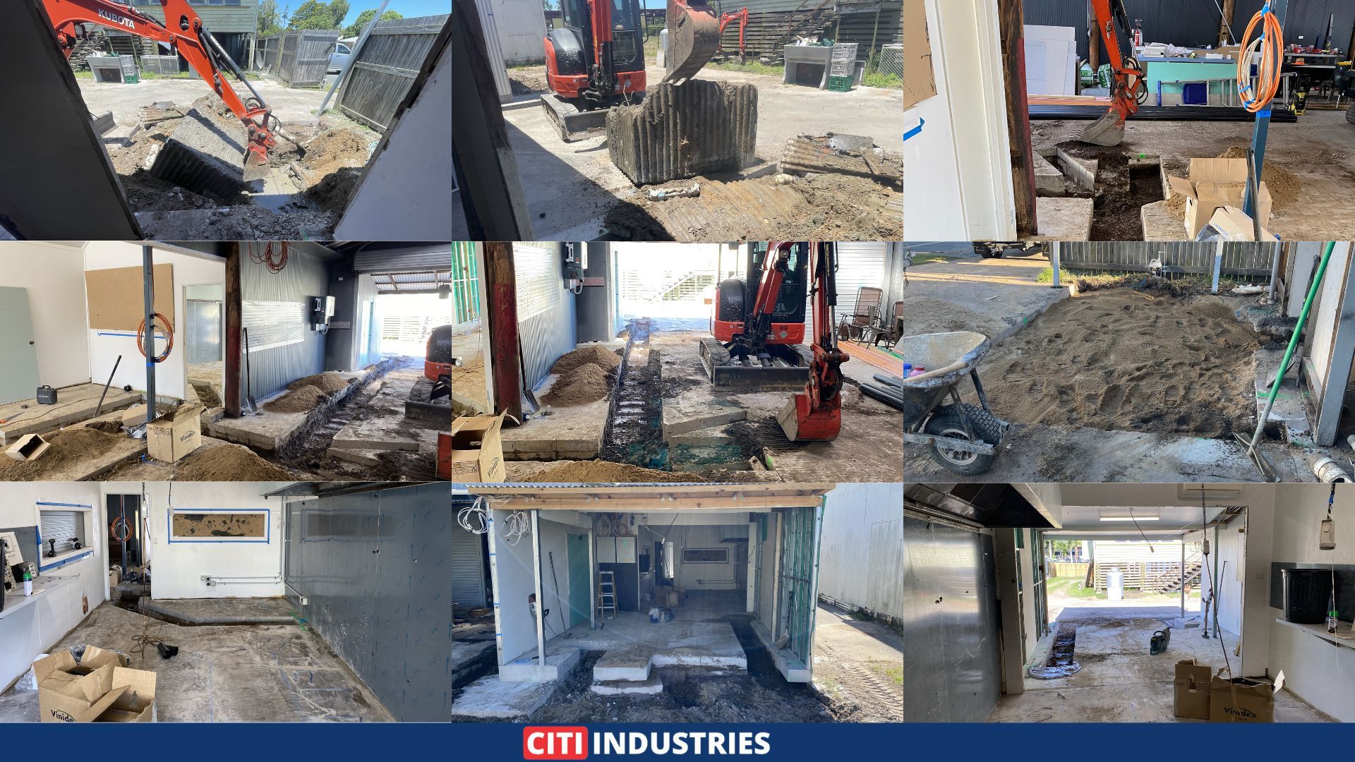 A nine-panel grid showing an excavator cutting concrete, lifting a corrugated tank into position, and digging trenches inside and outside a Sarina tenancy, with sand mounds, a wheelbarrow, and cleared floor areas across the site.