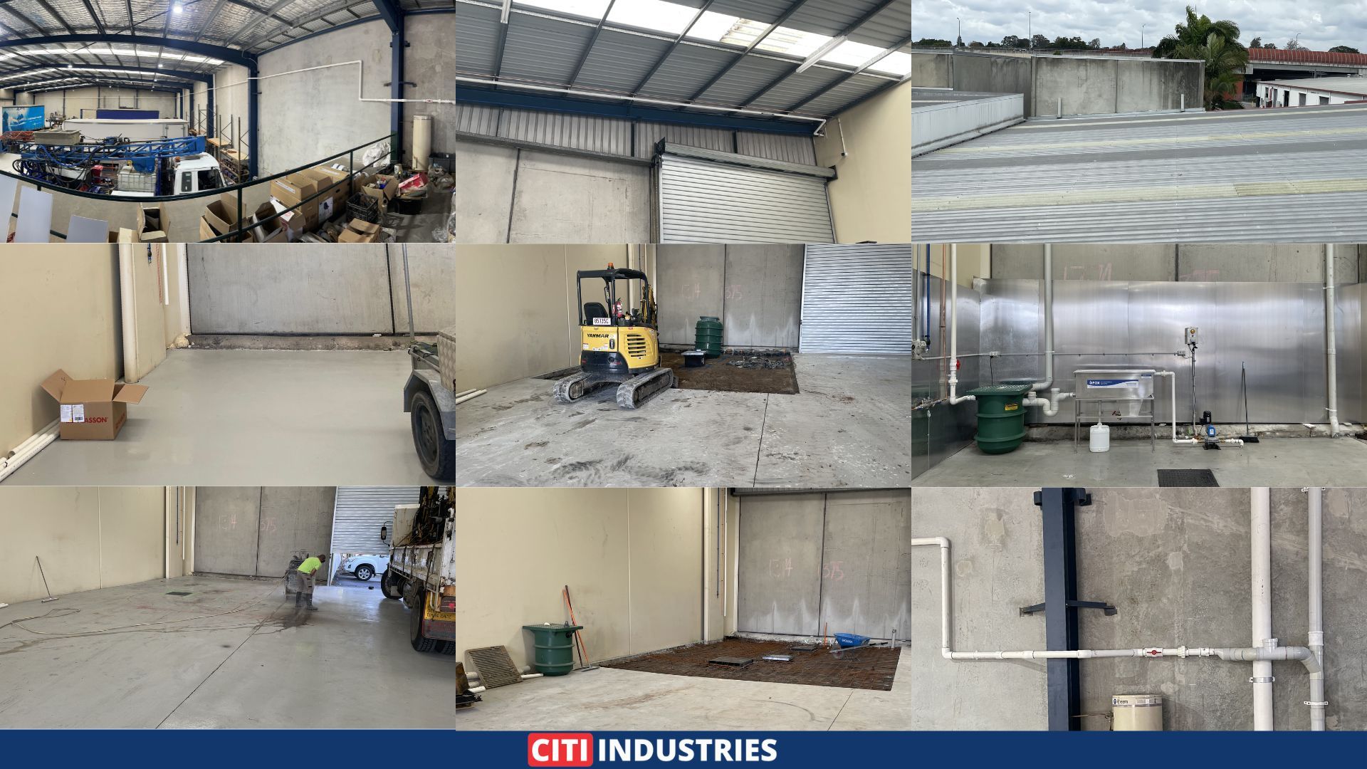 Nine-photo grid showing an empty warehouse tenancy, existing concrete floor before saw-cutting, mini excavator on-site, and constrained access around live factory operations at a wash bay installation in Geebung.