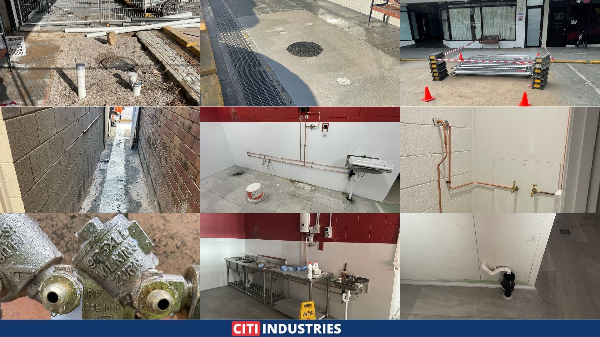 RPZD backflow valve, copper pipework with tapware, and stainless steel kitchen sinks installed as part of the grease trap Acacia Ridge fit-out.