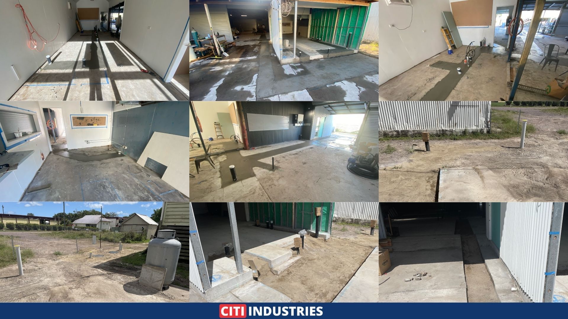 A nine-panel grid showing reinstated concrete flooring inside the tenancy with wet patches from recent pours, pipe stubs marked with blue tape, and the building exterior with a gas cylinder, framed structure, and finished concrete pathway.