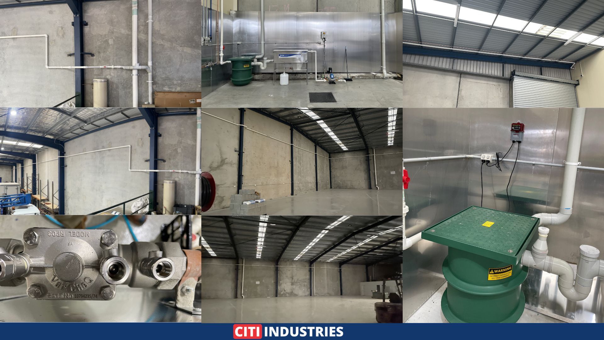 Nine-photo grid of the finished 32MPA concrete slab, oil separator with Class D lid, control panel and alarm, RPZD backflow valve, and discharge pipework running along the factory wall at a completed wash bay installation in Geebung.