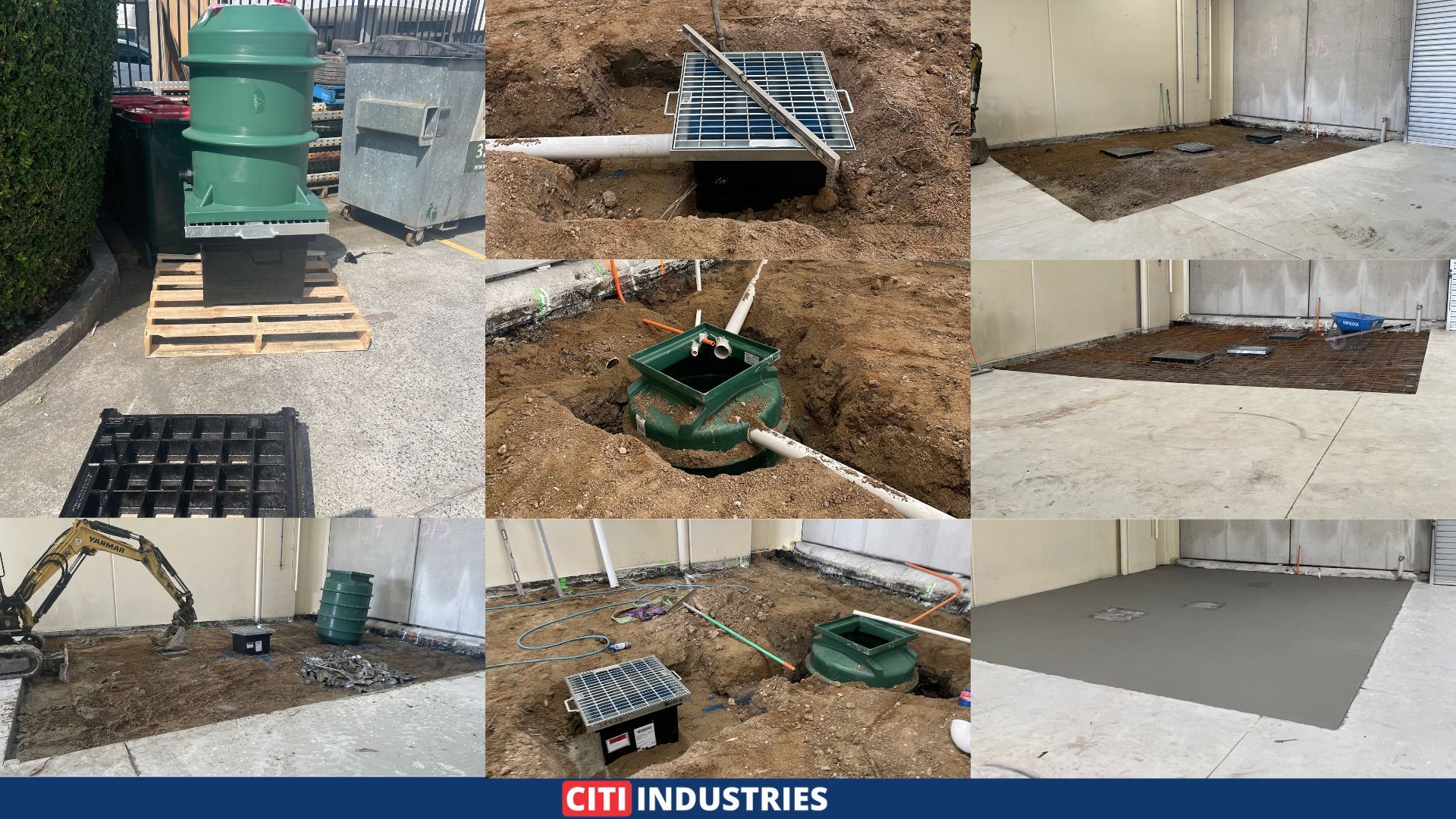 Nine-photo grid of the trade waste system delivered in Geebung, showing the 1000-litre oil separator, holding tank pit with grated stormwater lid, sewer pump station chamber, in-ground pipework, reinforcing mesh laid over the wash bay footprint, and freshly poured concrete slab.