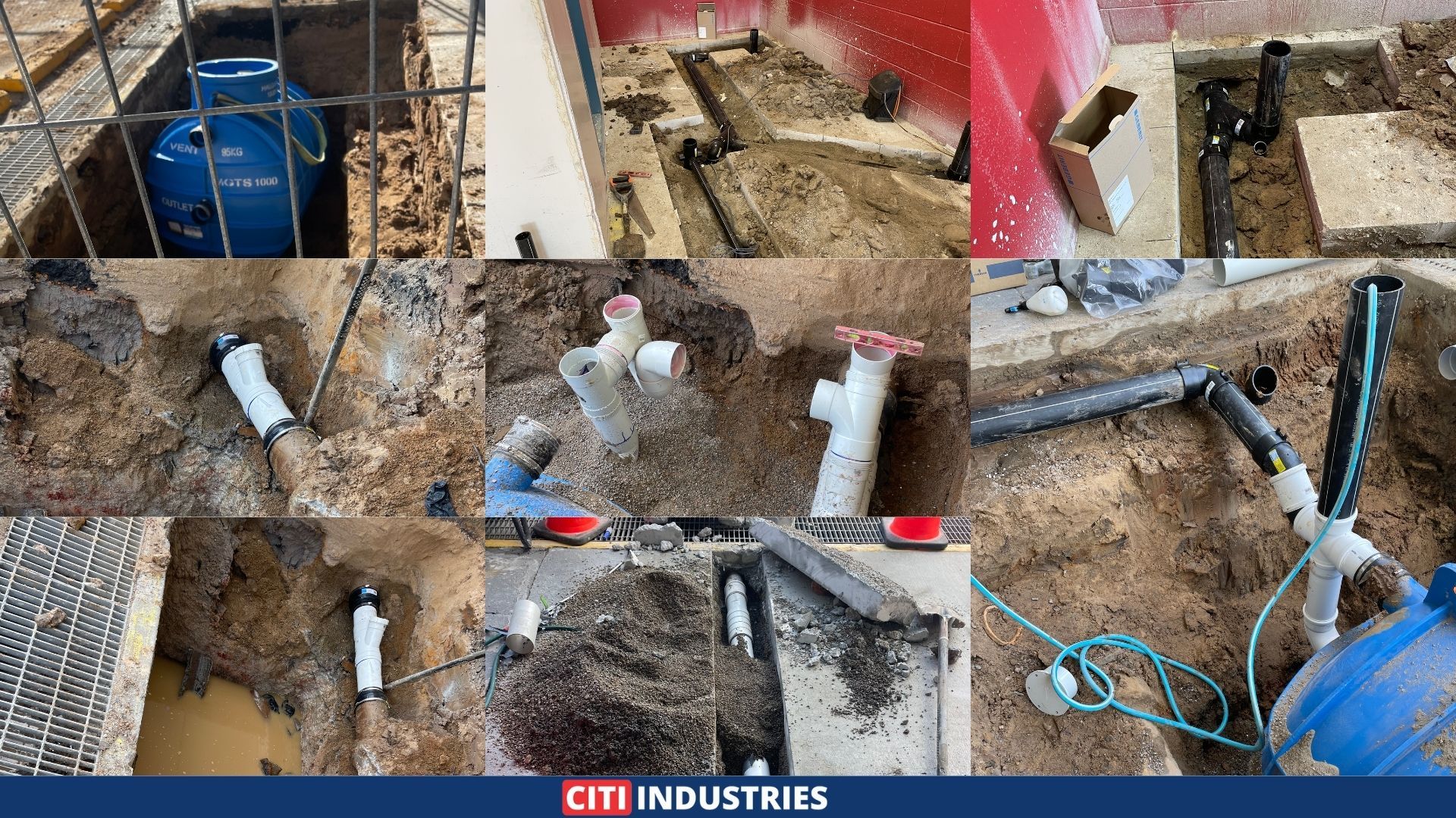 PVC pipe fittings, tee joints, and a vent stack installed in an excavated trench for the grease trap Acacia Ridge project